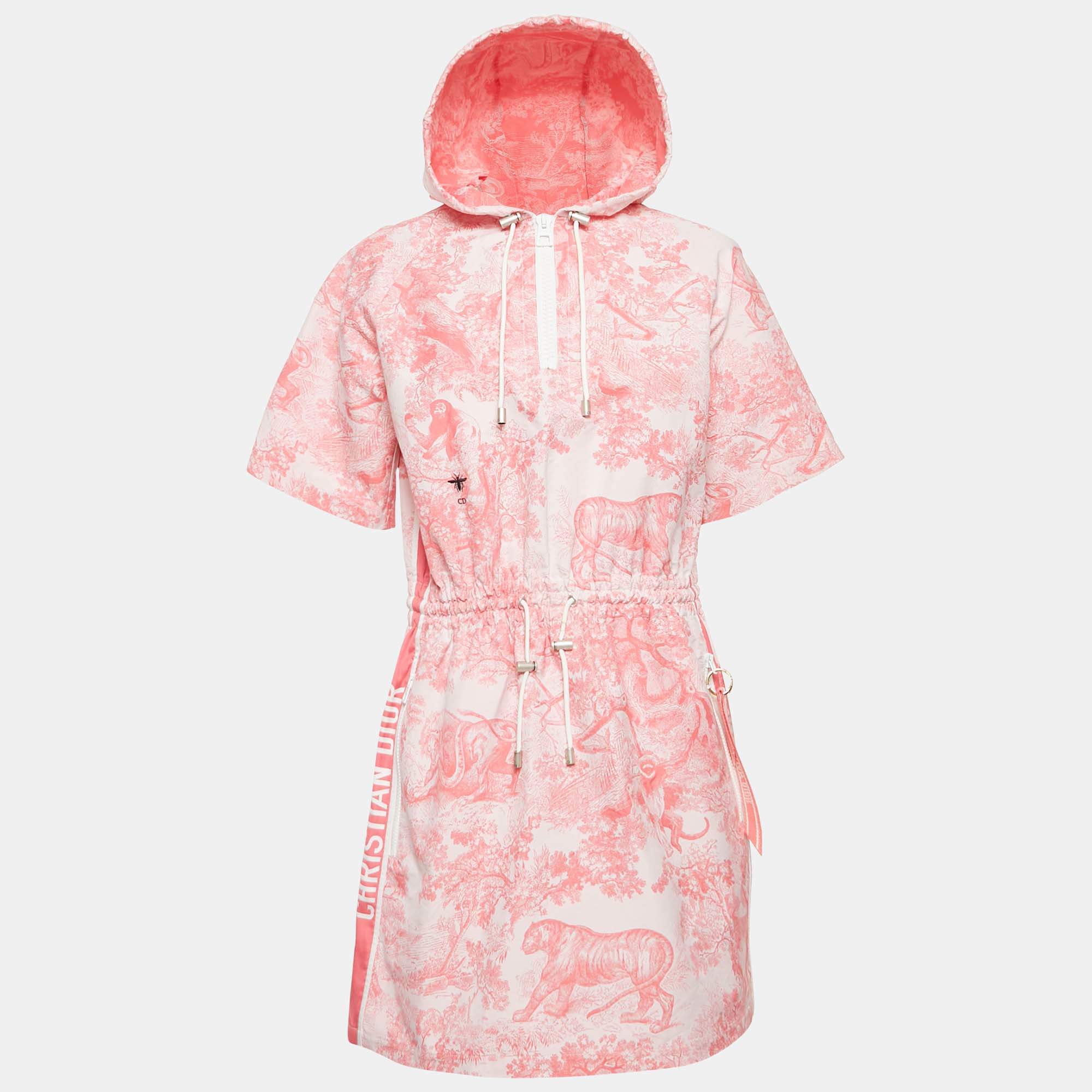 Pre Owned Dior Pink Synthetic Jungle Print Toile De Jouy Hooded Mini Dress L