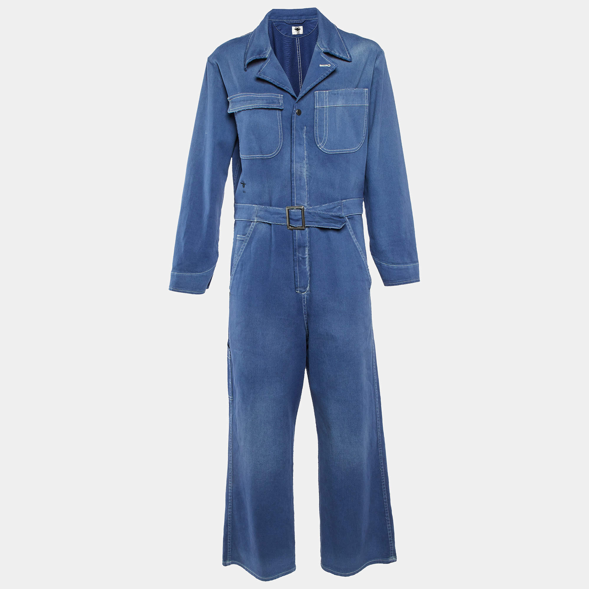 Pre Owned Dior Blue Denim Washed Denim Wide Leg Jumpsuit M