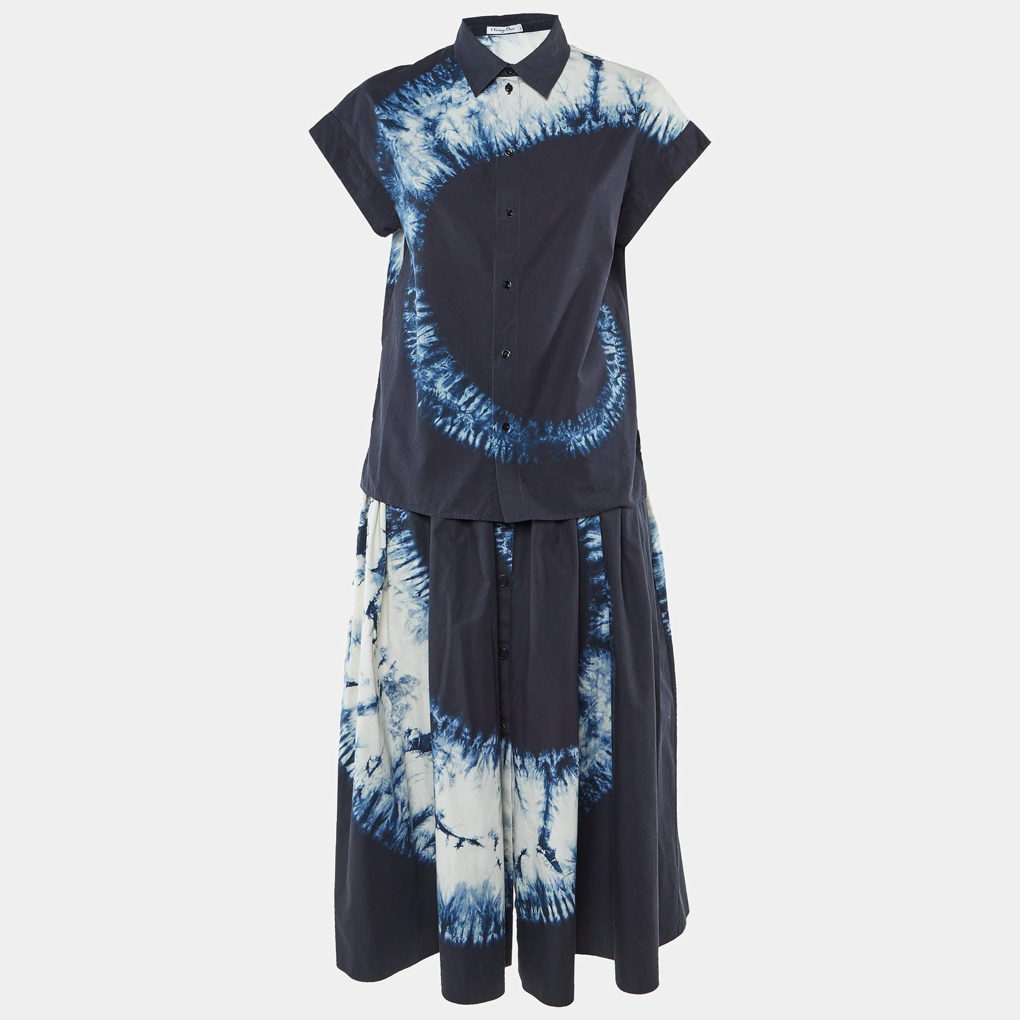 Pre Owned Dior Navy Blue Tie-Dye Print Cotton Skirt and Shirt Set M