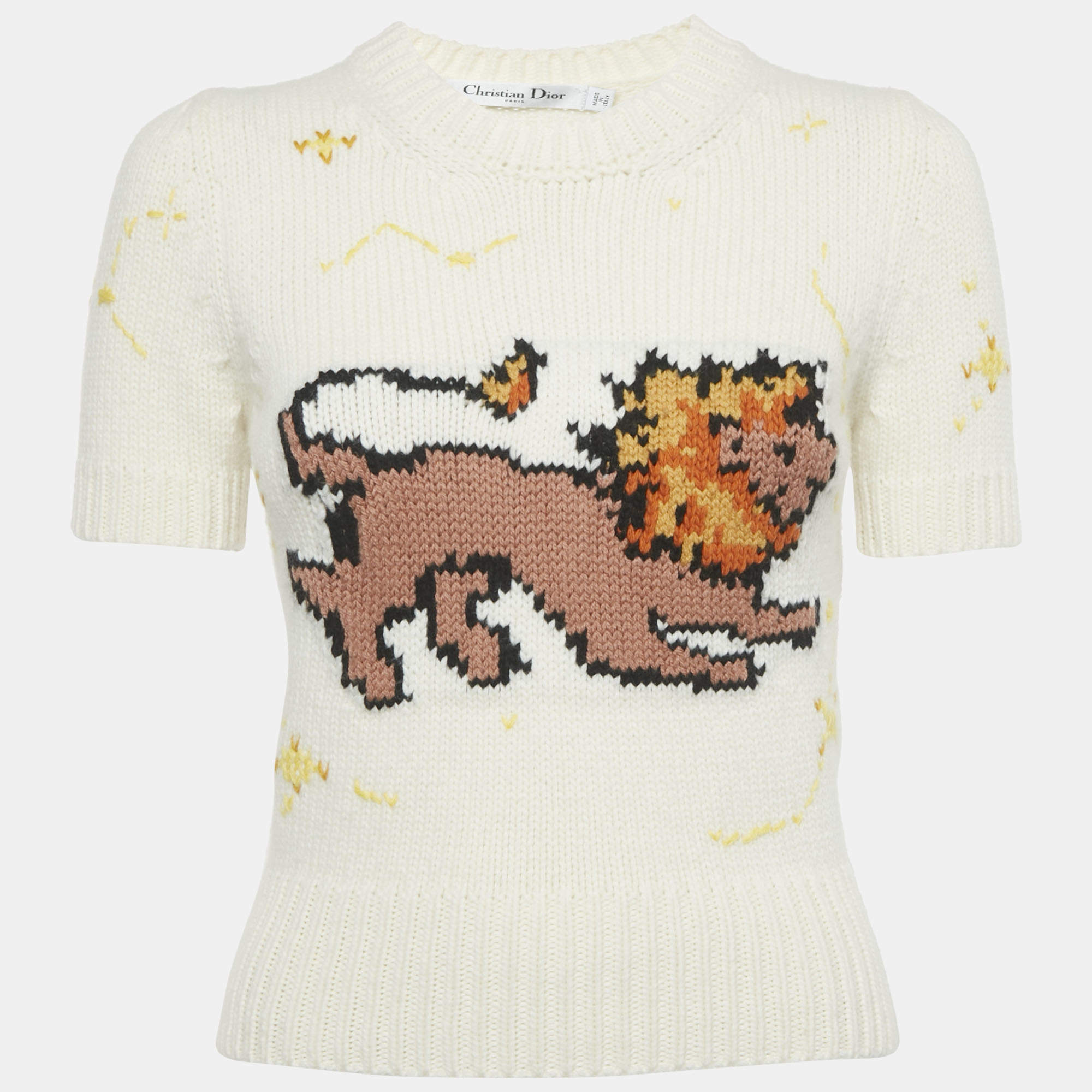 Pre Owned Christian Dior Ivory Lion Intarsia Rib Knit Sweater S