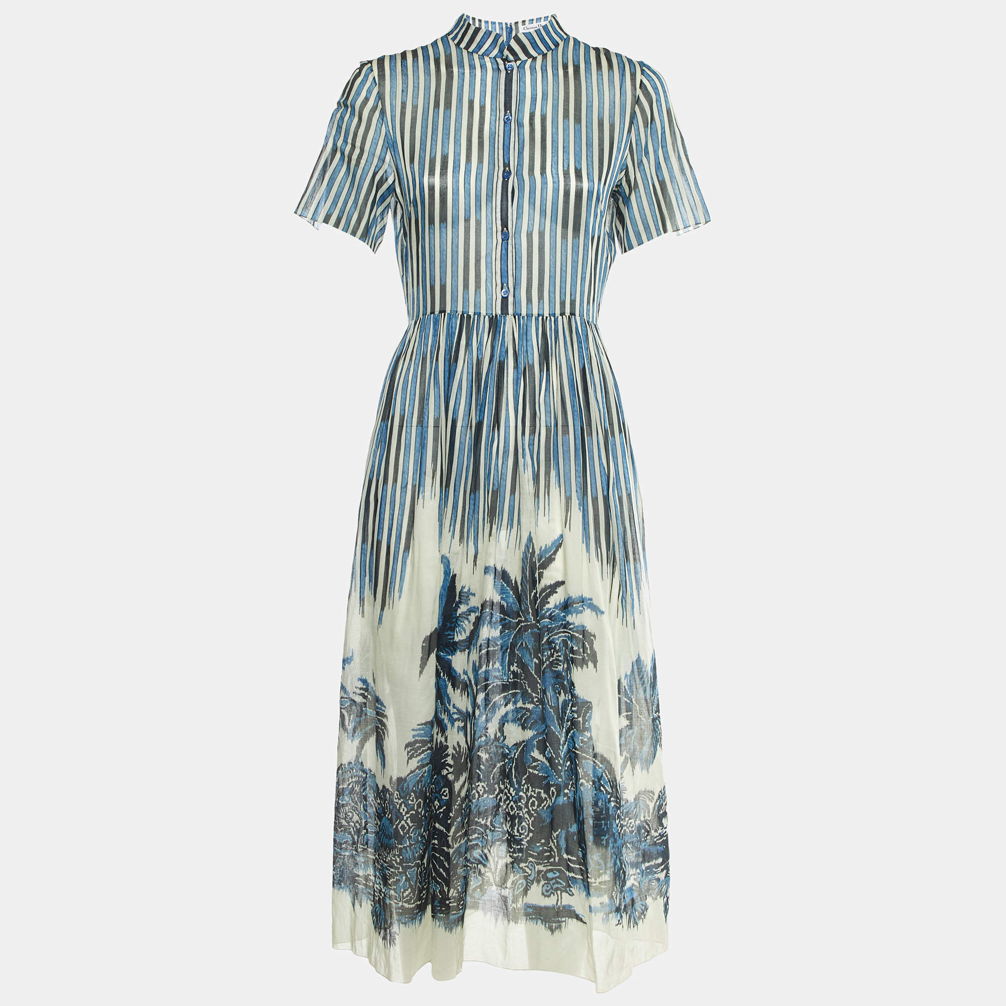 Pre Owned Dior Blue Striped Palm Print Cotton Midi Dress M