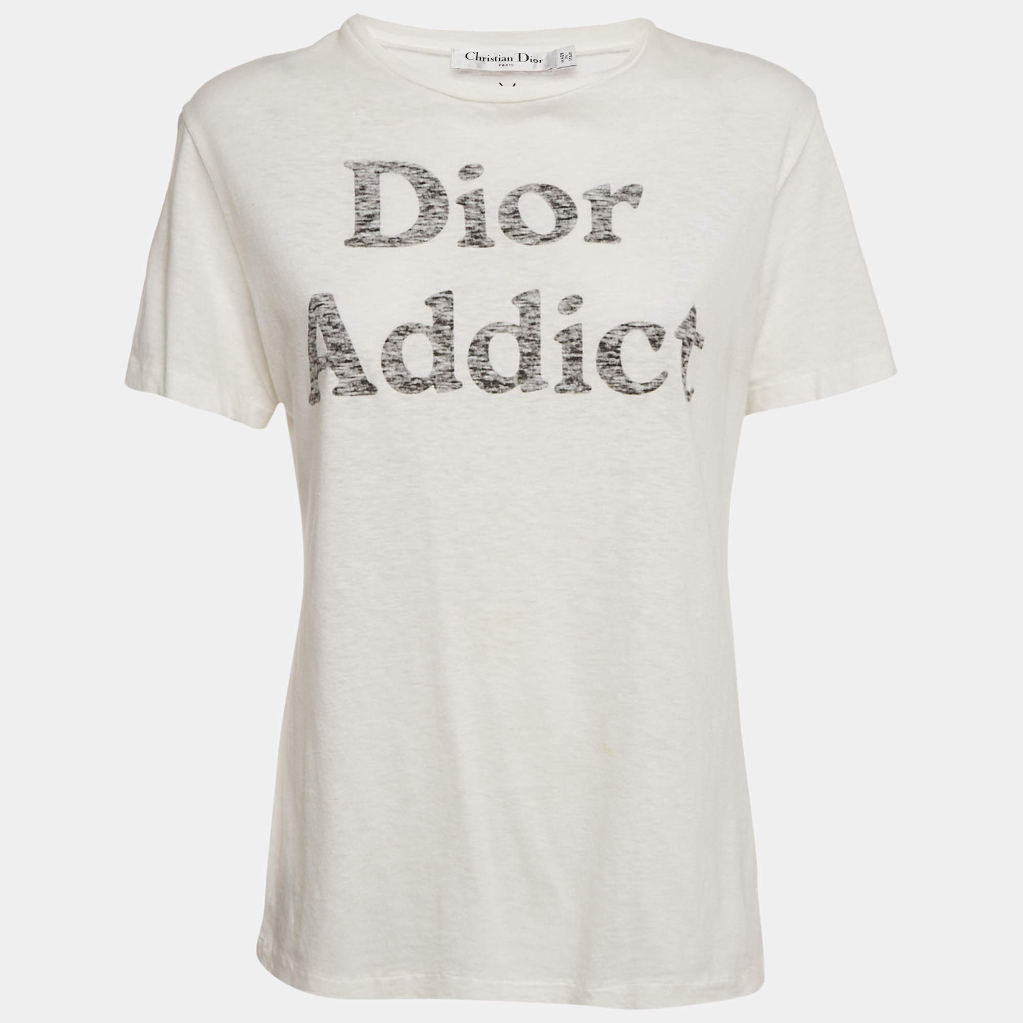 Pre Owned تي شيرت كريستيان ديور أبيض بطباعة ديور أديكت جيرسي بر قبة دائرية مقاس متوسط