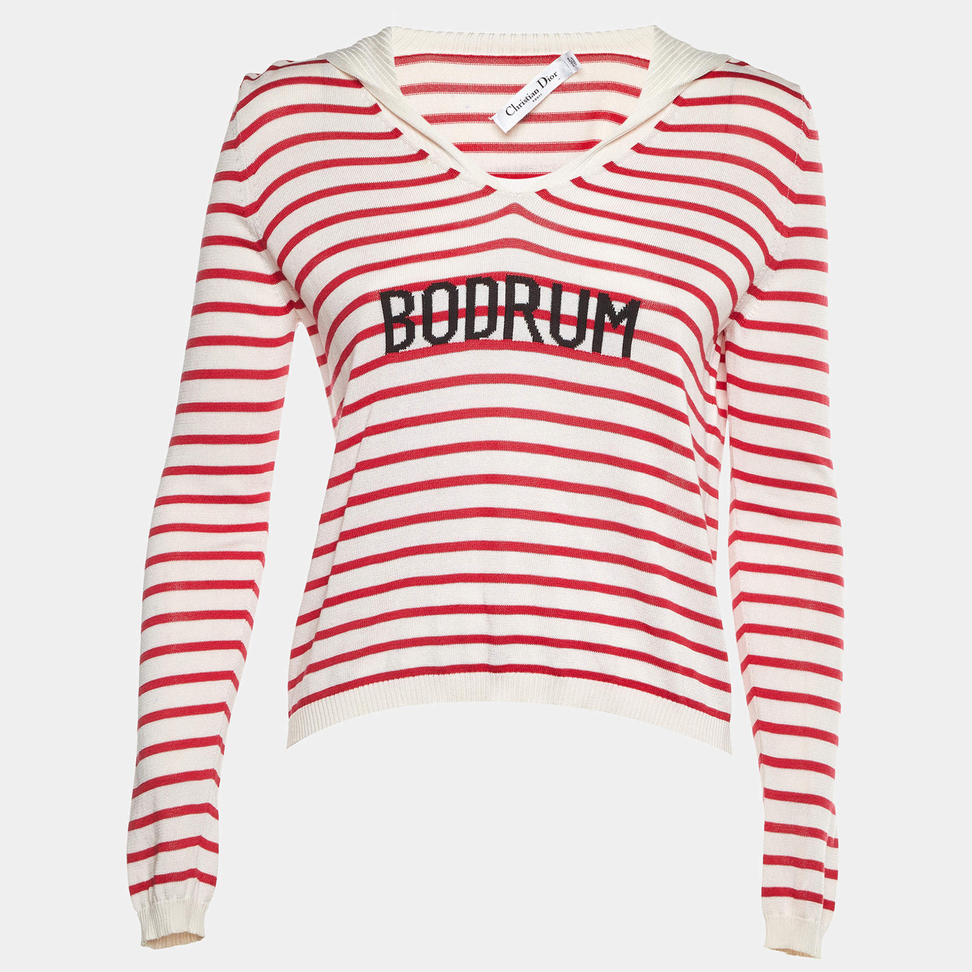 Pre Owned Dior White/Red Bodrum Striped Silk Knit Jumper M