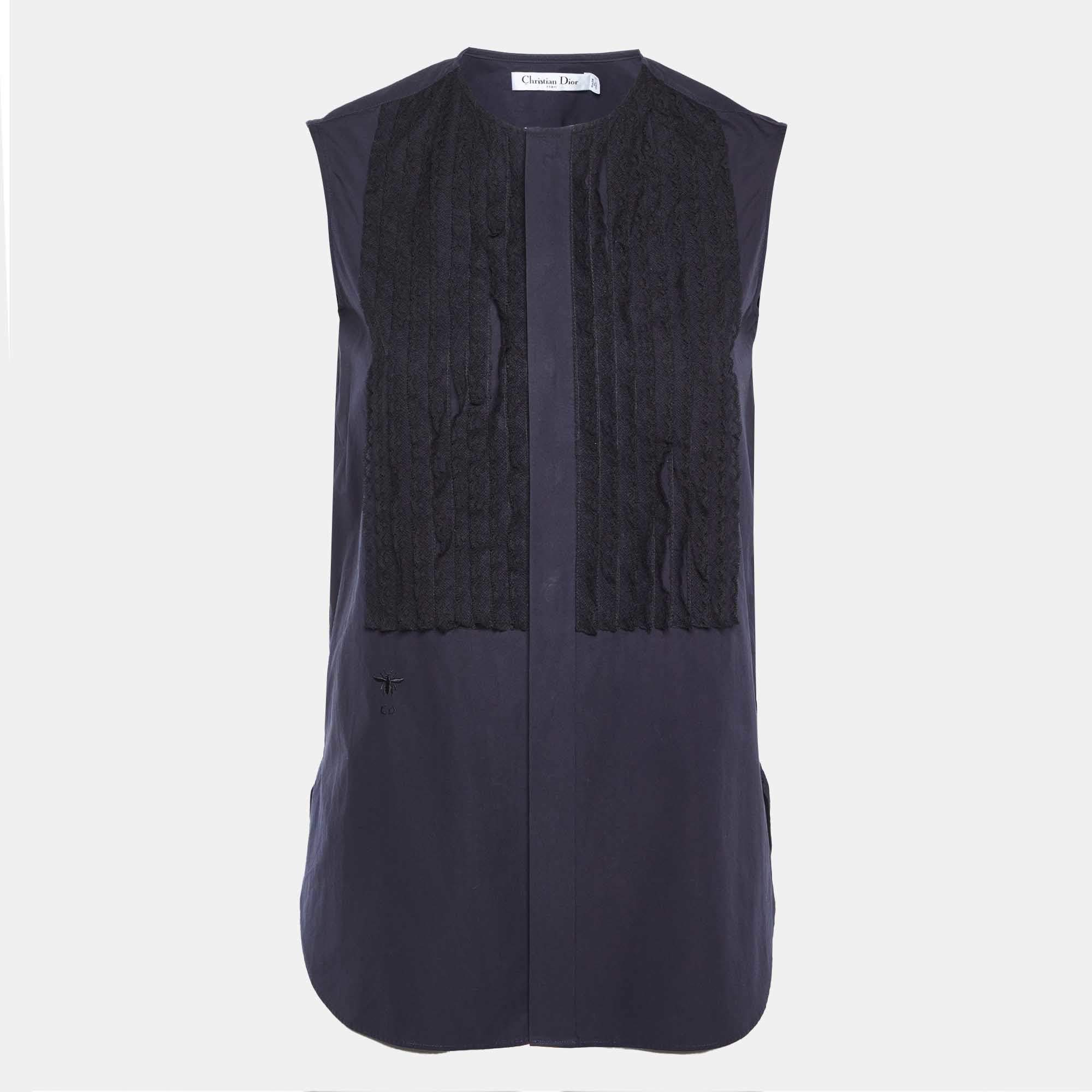 Pre Owned Dior Navy Blue Cotton Lace Trim Sleeveless Top S