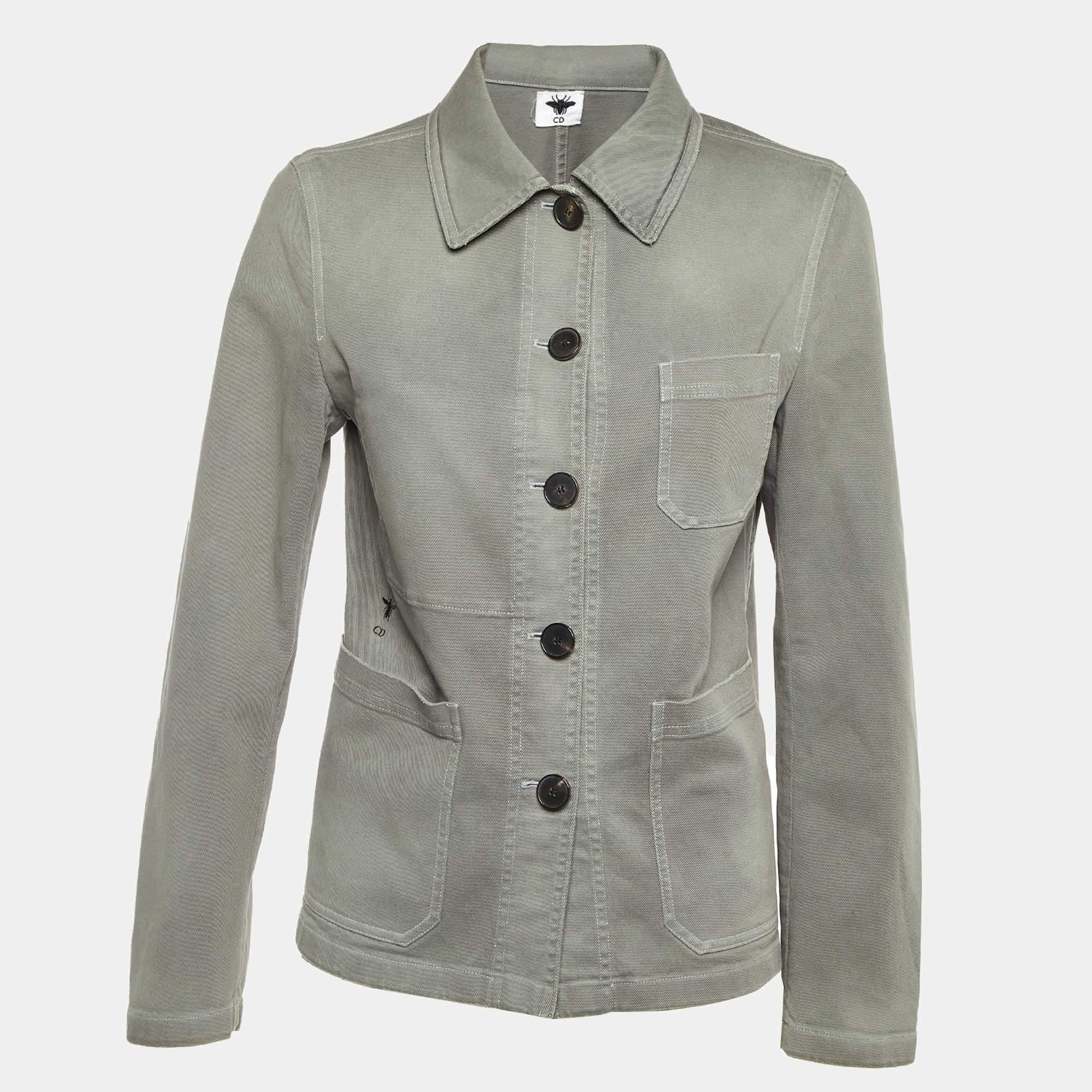 Pre Owned Dior Grey Denim Logo Embroidered Button Front Jacket M