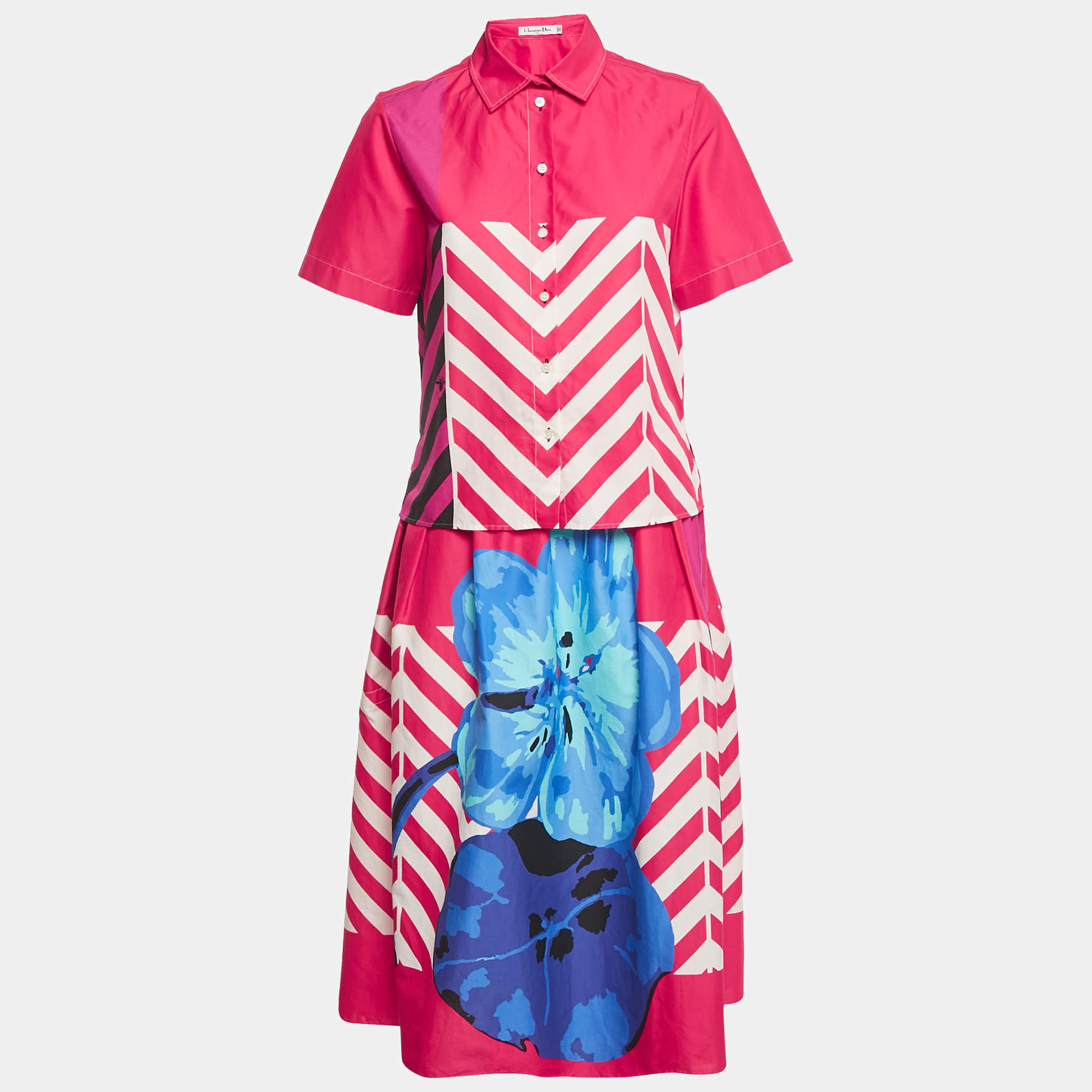 Pre Owned Dior Pink Printed Cotton Shirt & Midi Skirt Set M/L