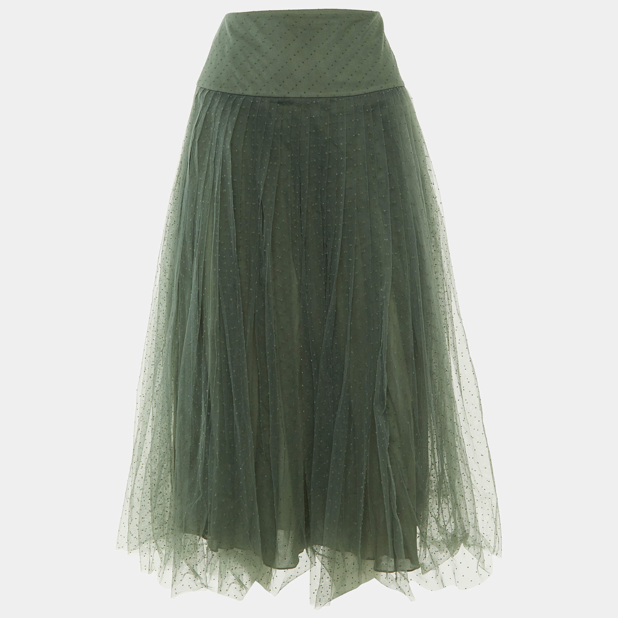 Pre Owned Dior Sage Green Plumetis Tulle Midi Skirt S