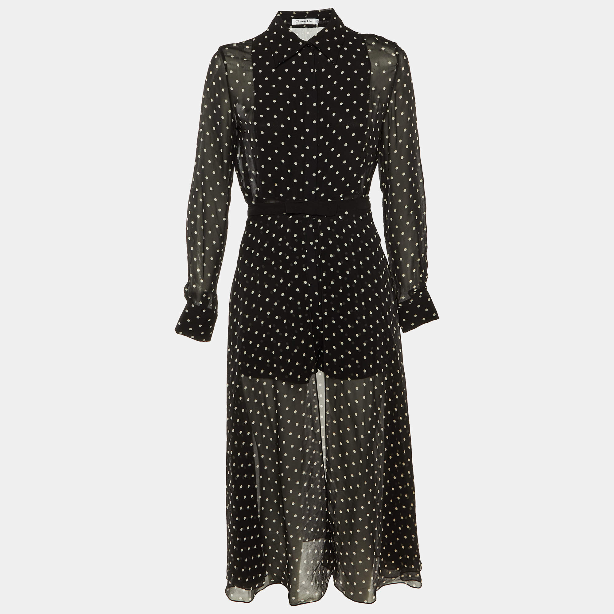 Pre Owned Dior Black Polka Dot Silk Overlay Skirt & Playsuit Set M