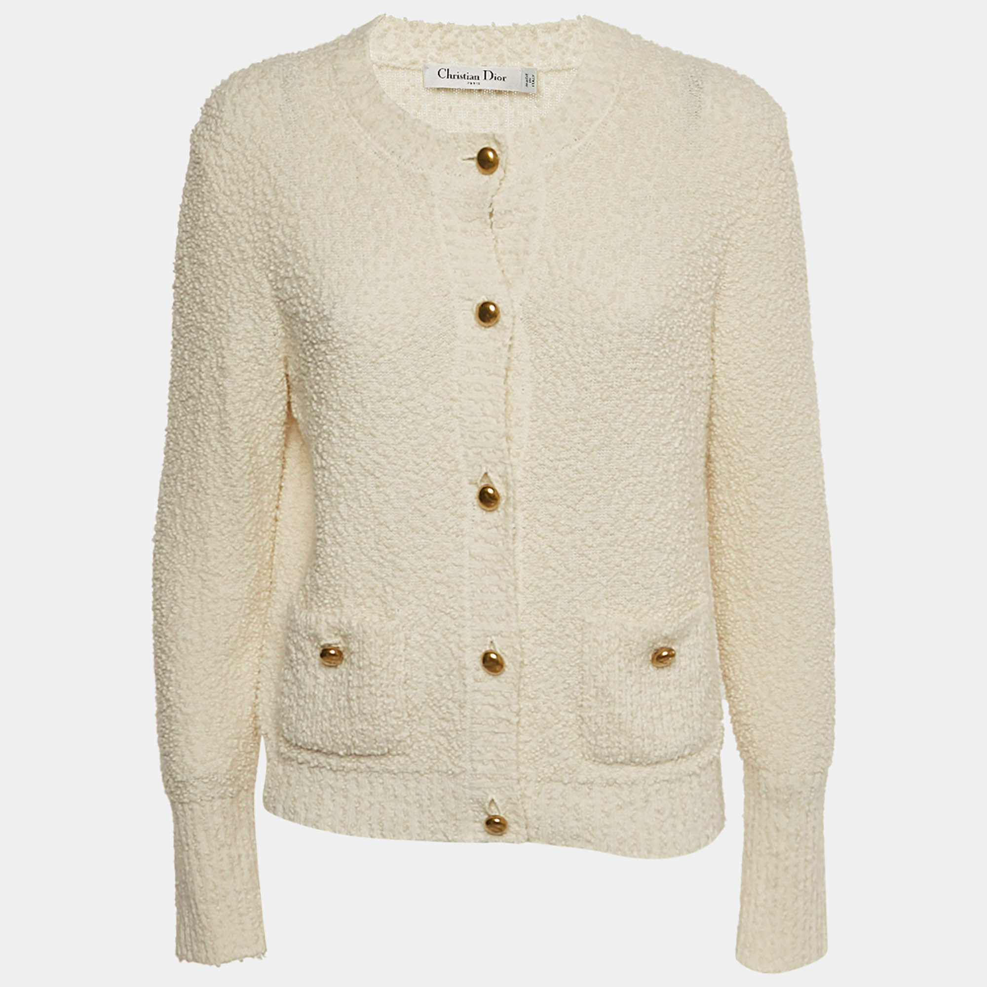 Pre Owned Christian Dior Off White Textured Wool Button Detail Cardigan XL