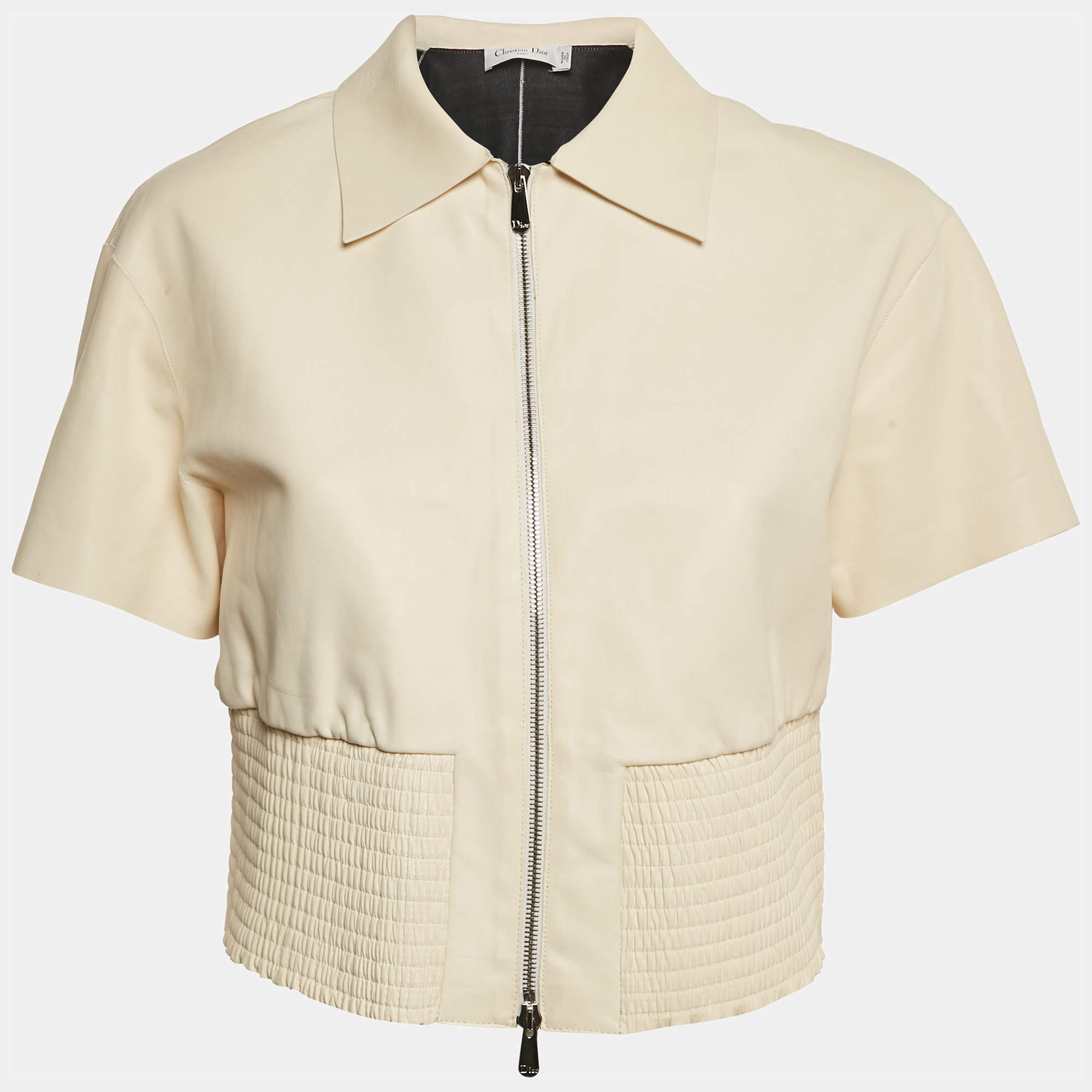 Pre Owned Christian Dior Cream Leather Shirring Hem Jacket M