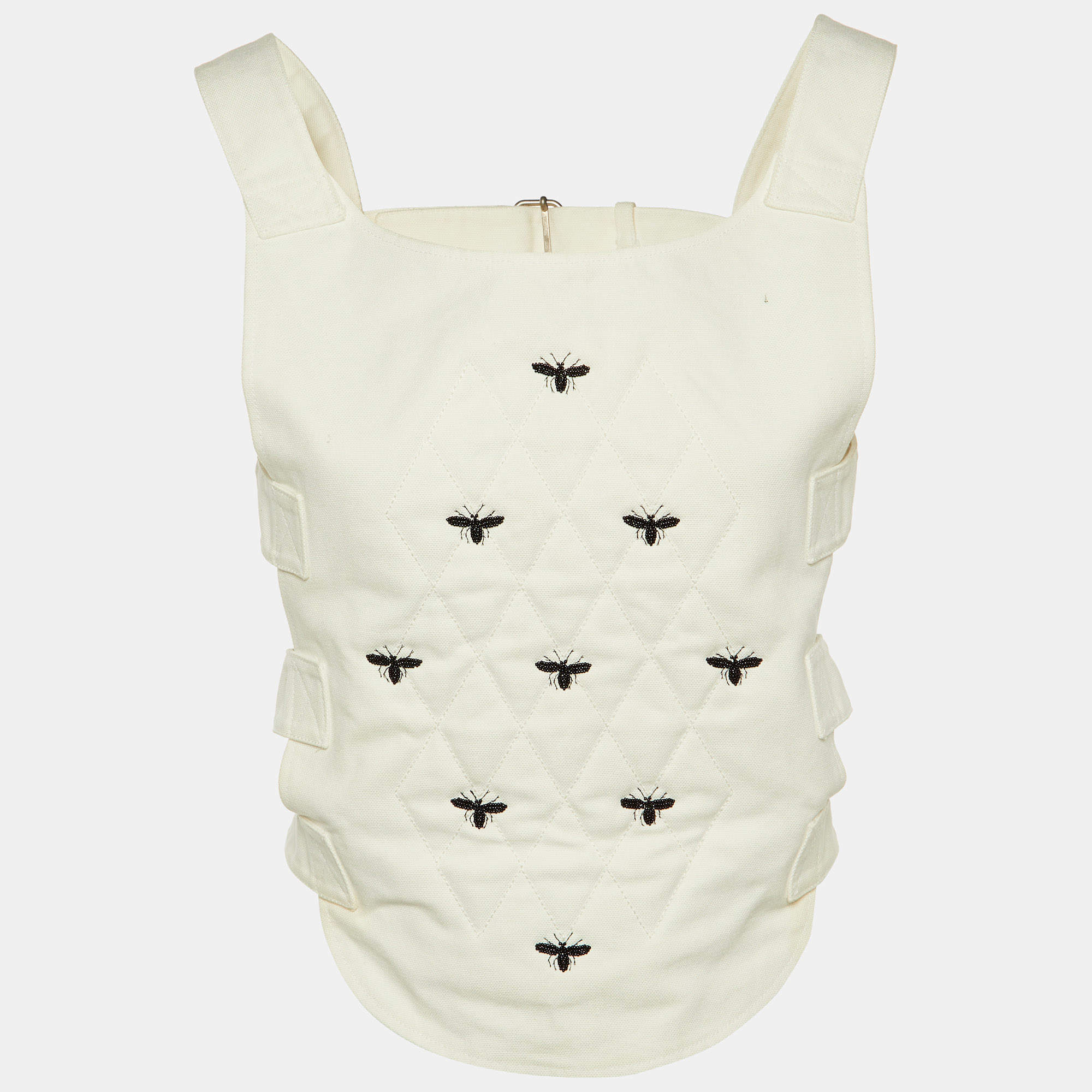 Pre Owned Dior Ivory Cotton Bee Bead Embroidered Strapped Vest M