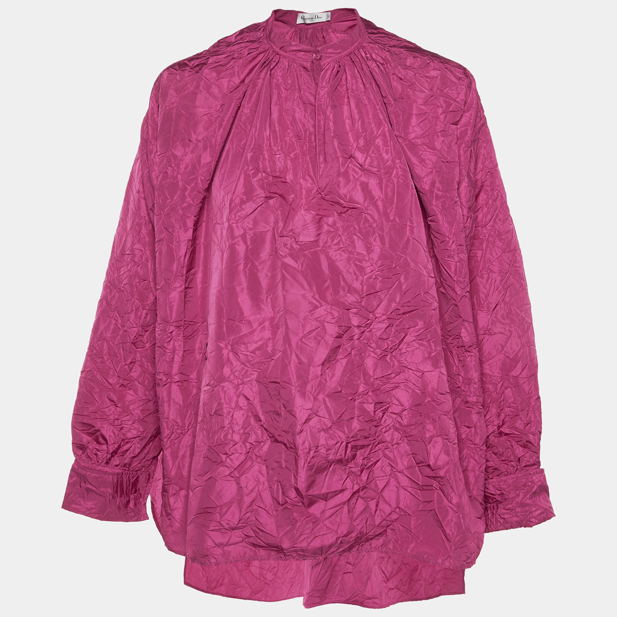 Pre Owned Christian Dior Pink Crinkled Taffeta High Low Hem Oversized Top M