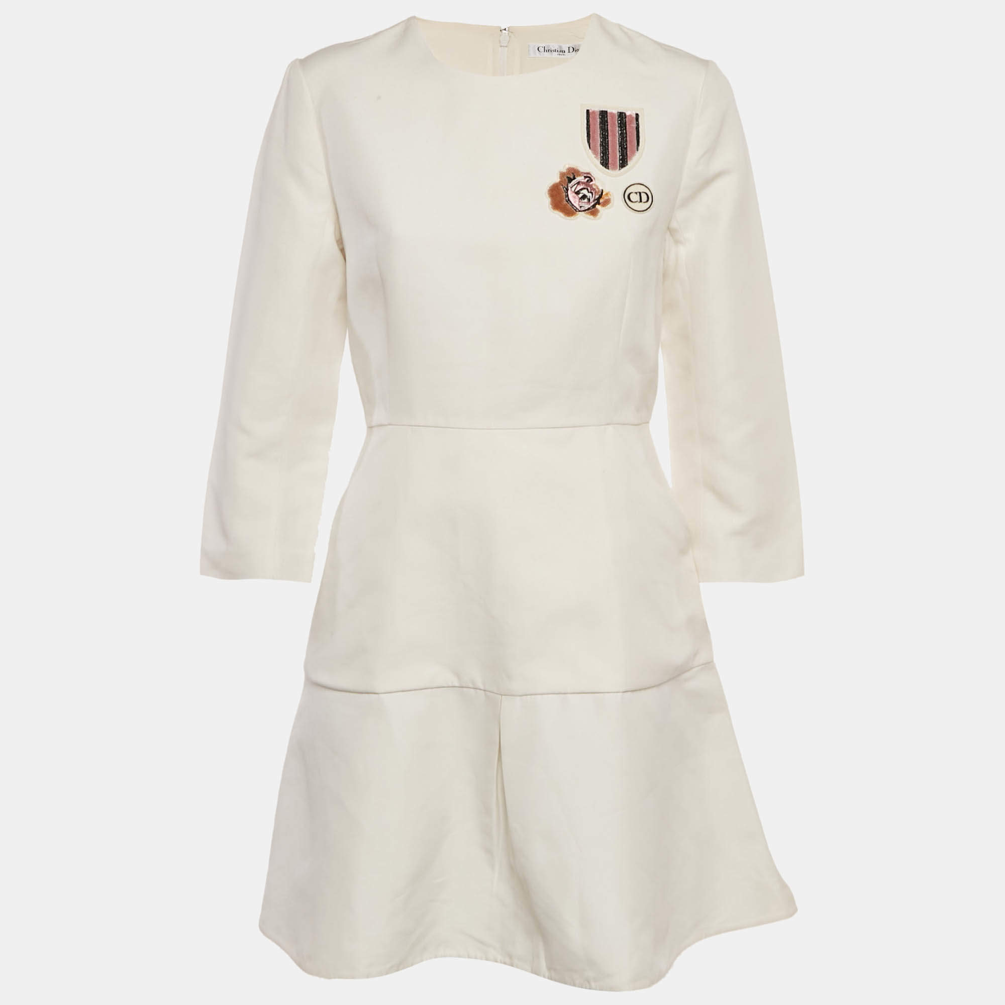 Pre Owned Christian Dior Off-White Cotton Applique Detail Mini Dress M