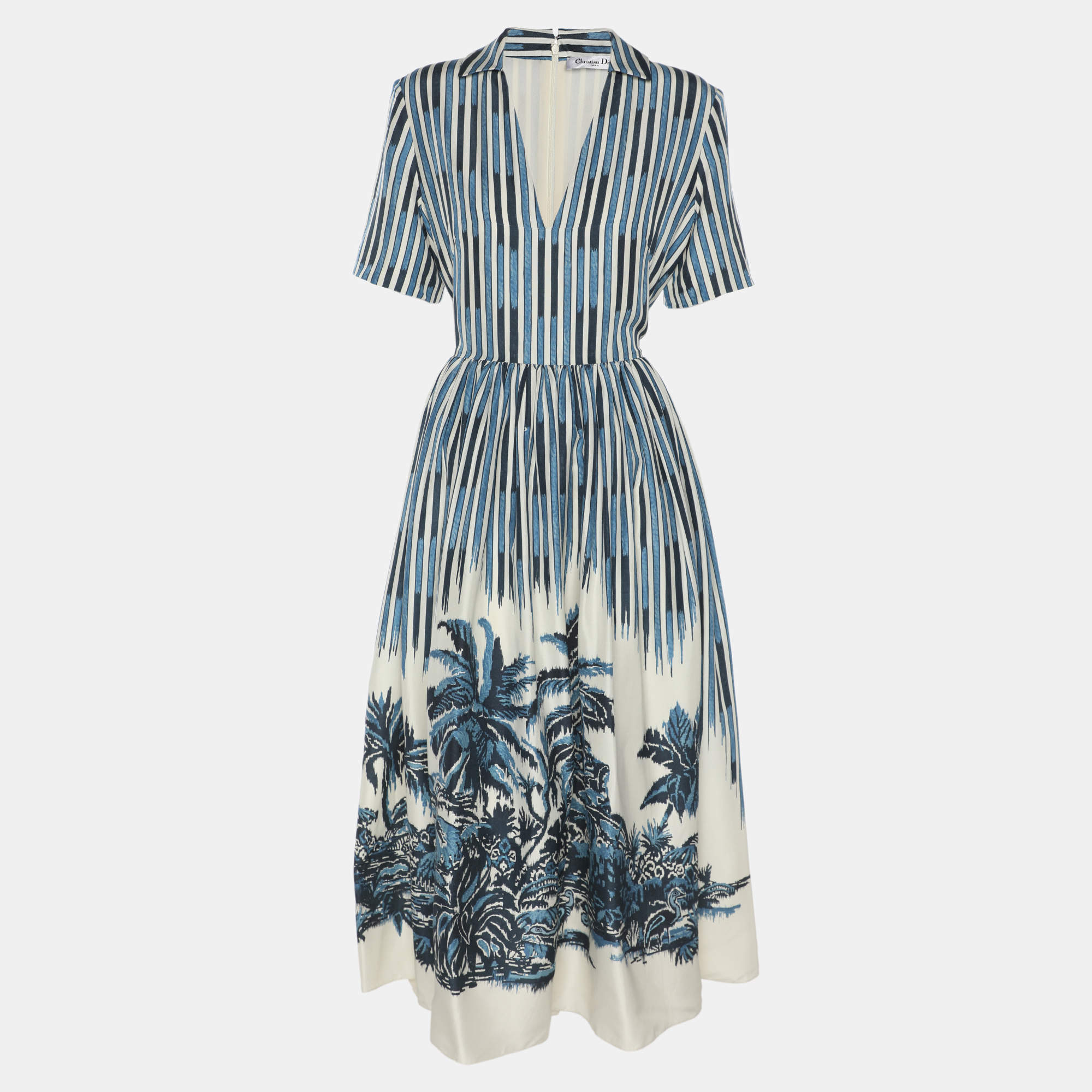 Pre Owned فستان ديور حرير طباعة ن�خيل بلون أزرق طوي طويل متوسط الحجم