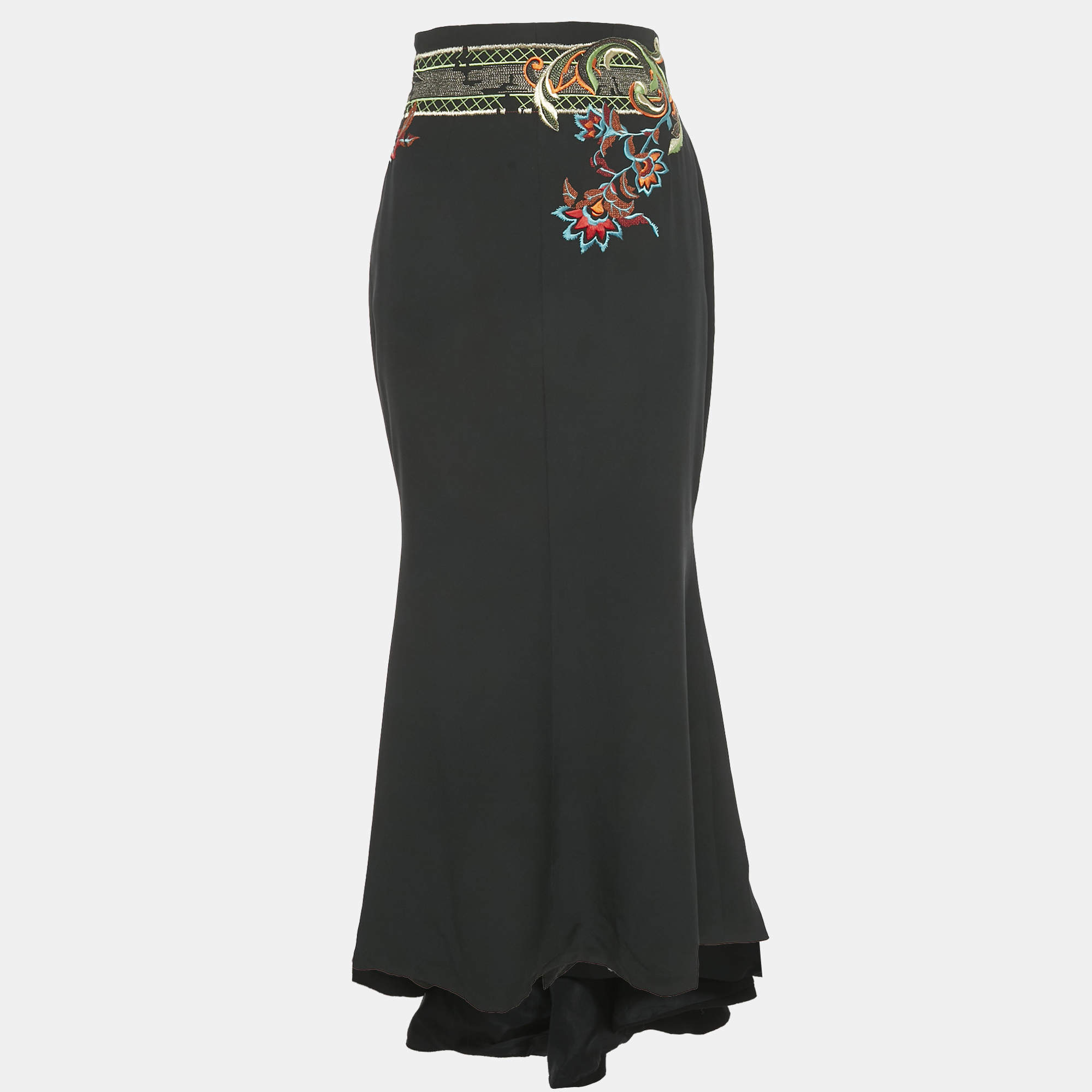 Pre Owned Christian Dior Vintage Black Embroidered Silk Midi Skirt M