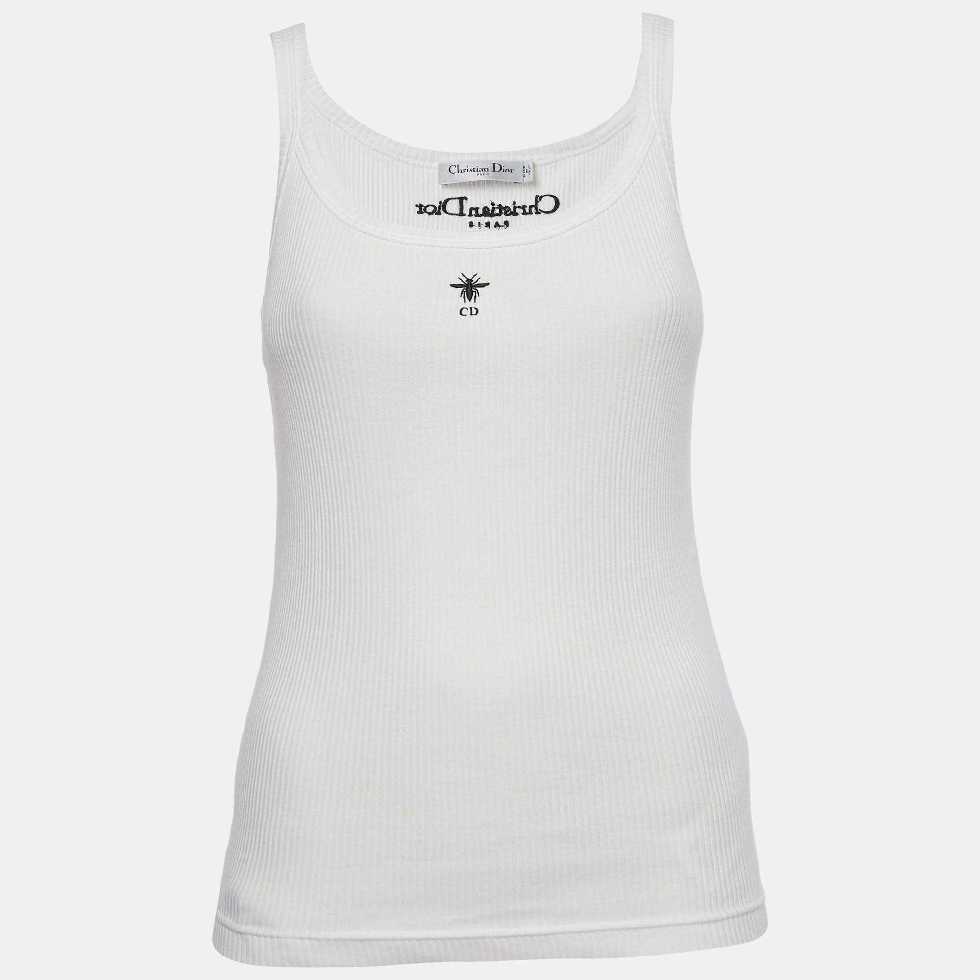 Pre Owned بلوزة ديور قطن بحياكة ضلعية بتطريز شعار أبيض مقاس صغير - سمول