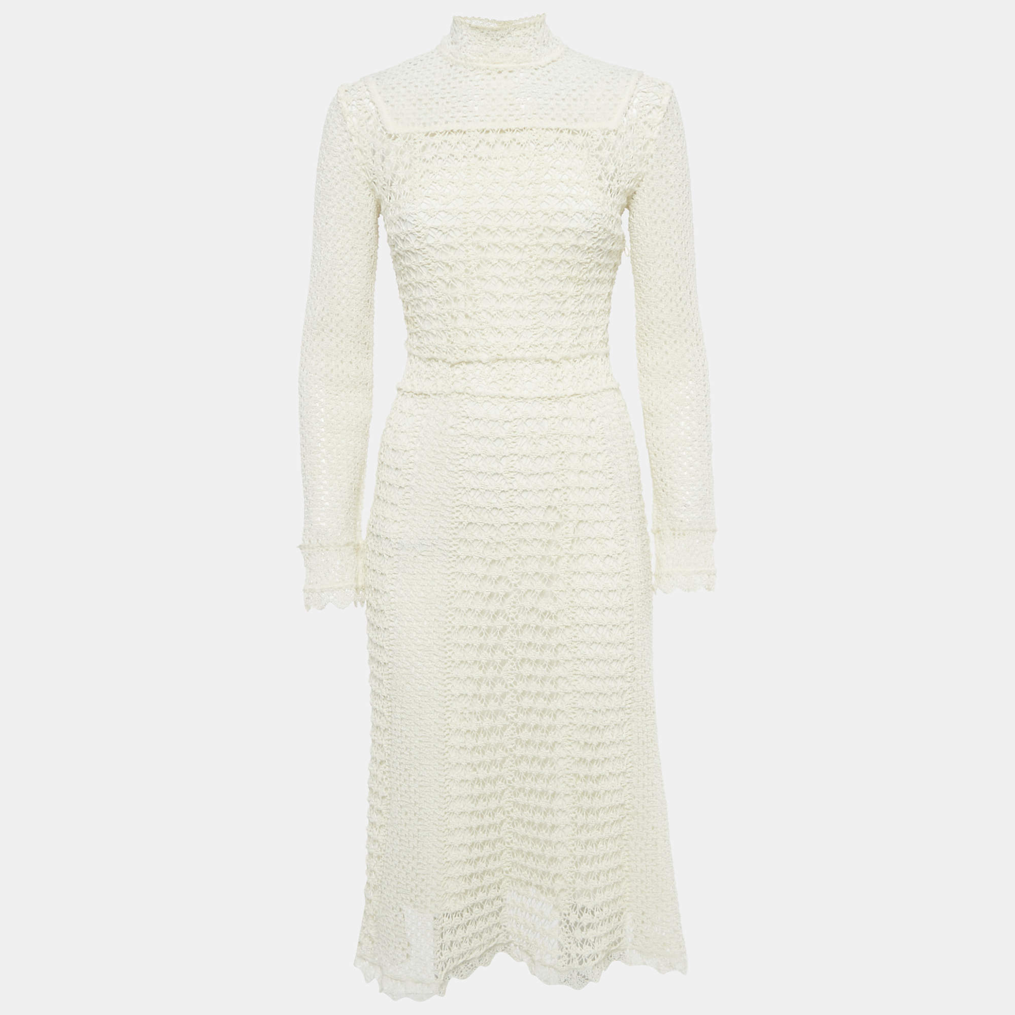 Pre Owned Dior Ecru White Patterned Cotton Blend Knit Midi Dress S