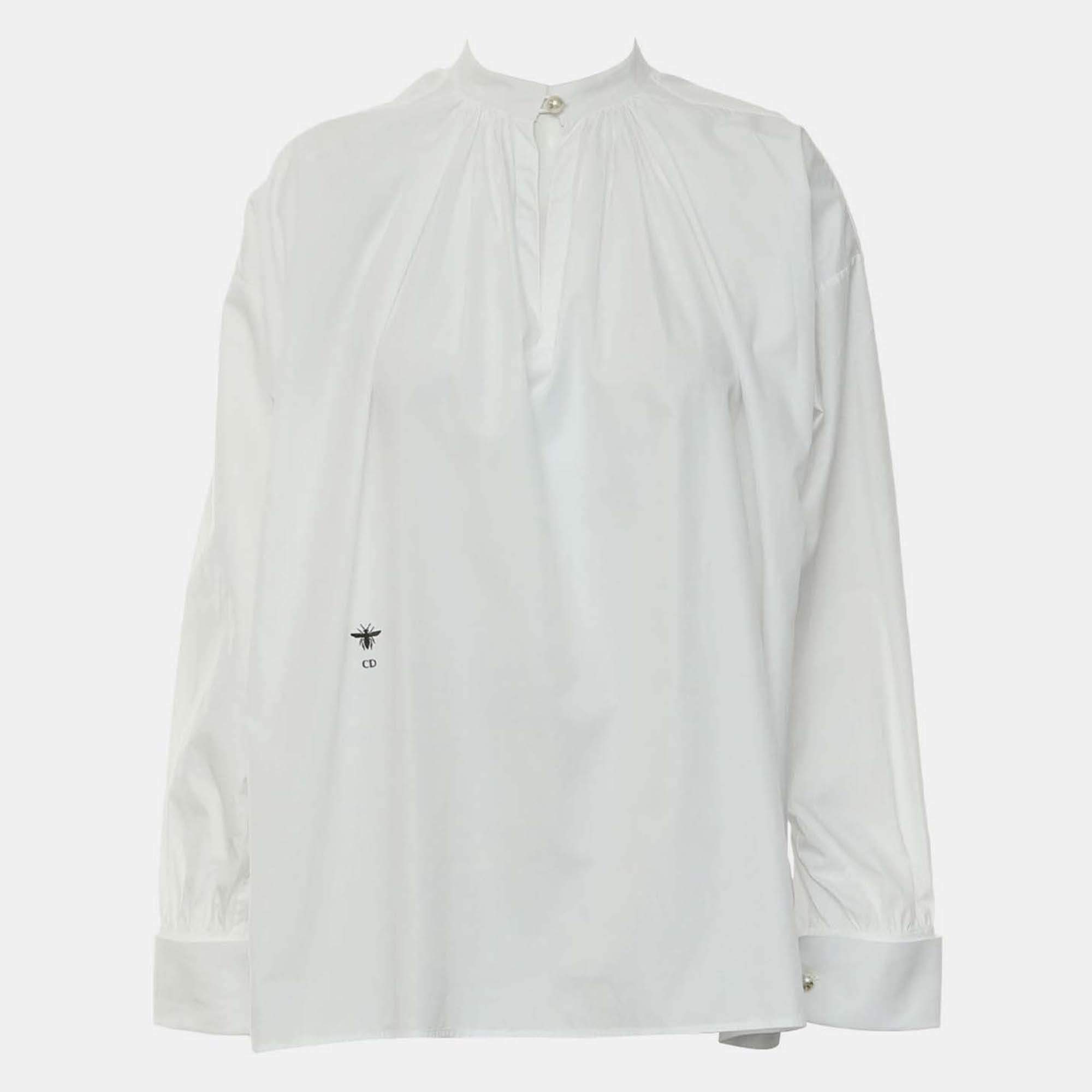 Pre Owned Dior Logo Embroidered Poplin Blouse Size M