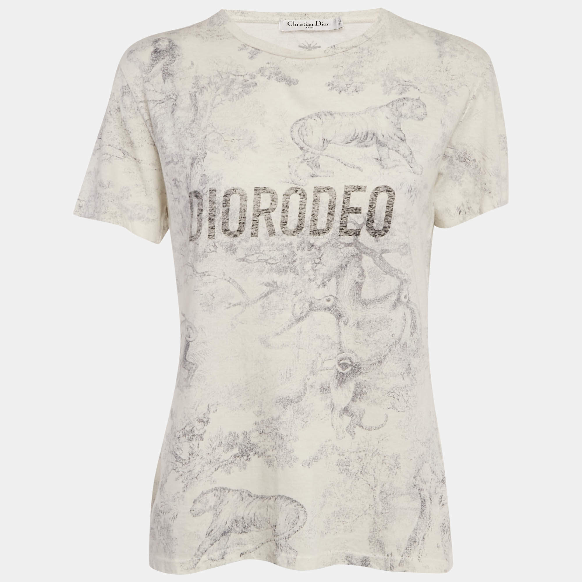 Pre Owned Dior White Diorodeo Jungle Print Cotton Linen T-Shirt M
