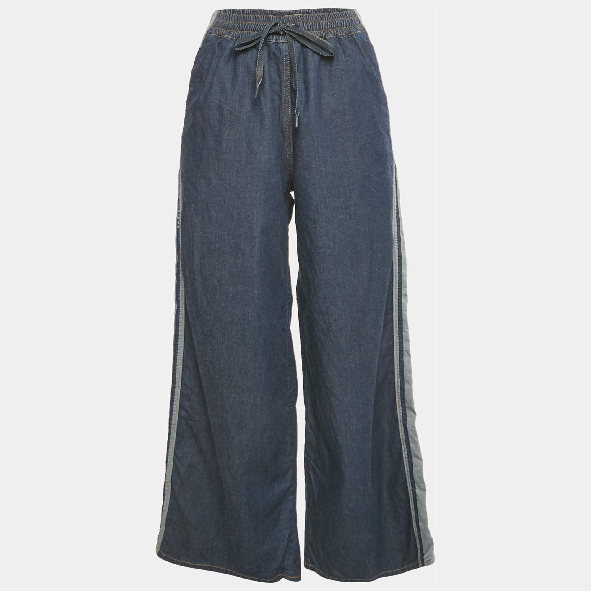 Pre Owned Dior Blue Denim Logo Panel Trimmed Wide Leg Pants S