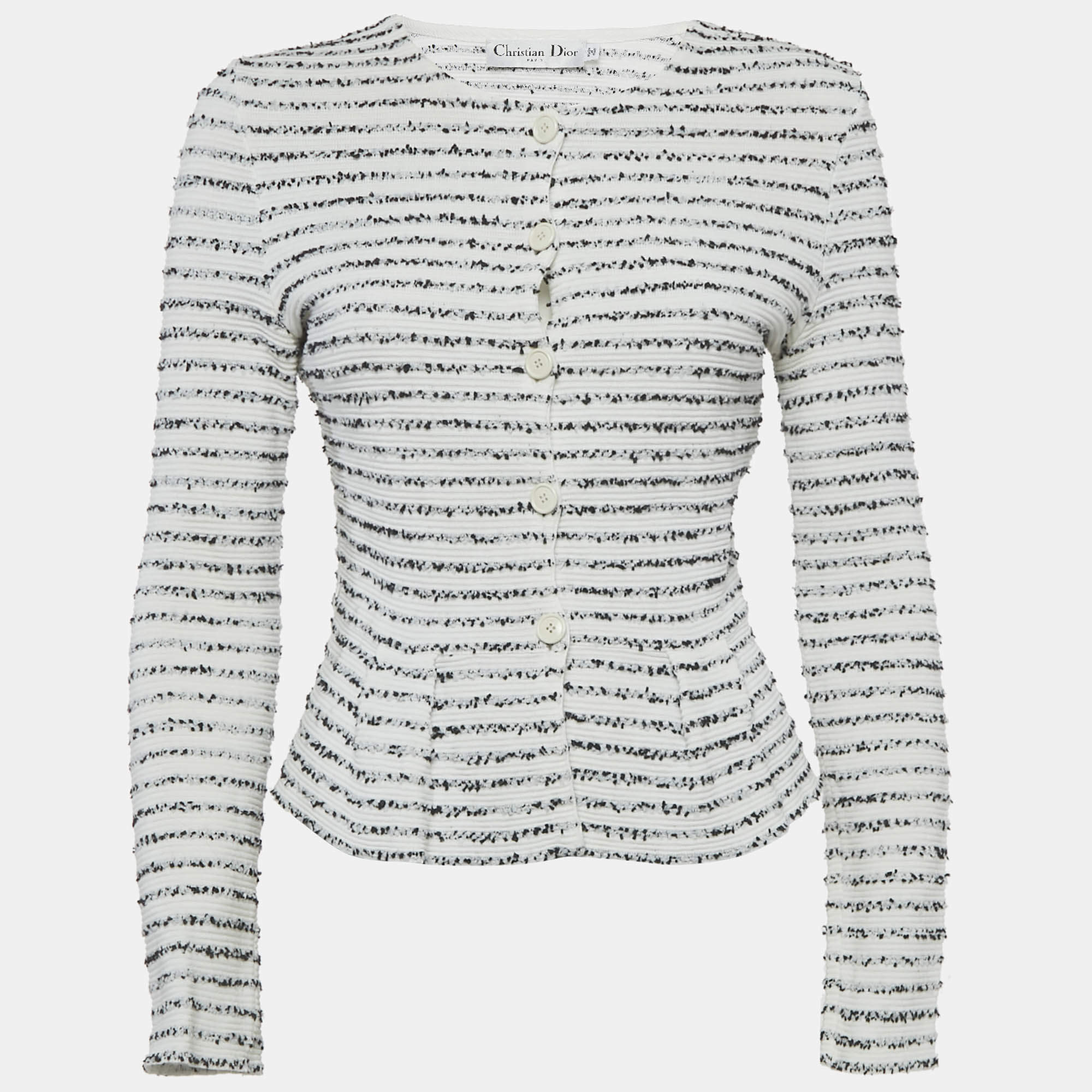 Pre Owned Christian Dior White Striped Tweed Peplum Jacket M