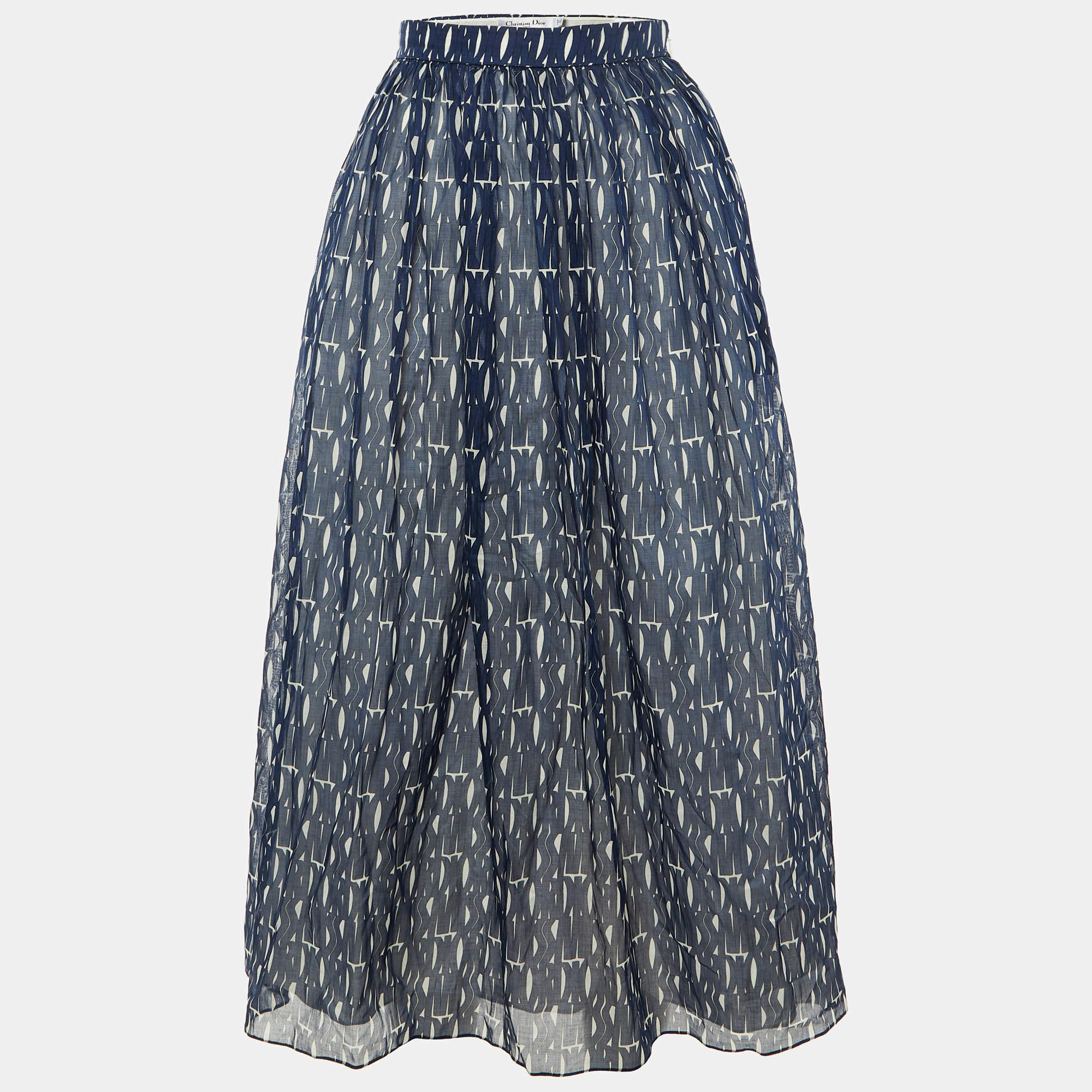 مملوكة مسبقًا تنورة ديور ميدي قطن بطبعة شعار أزرق كحلي مقاس متوسط