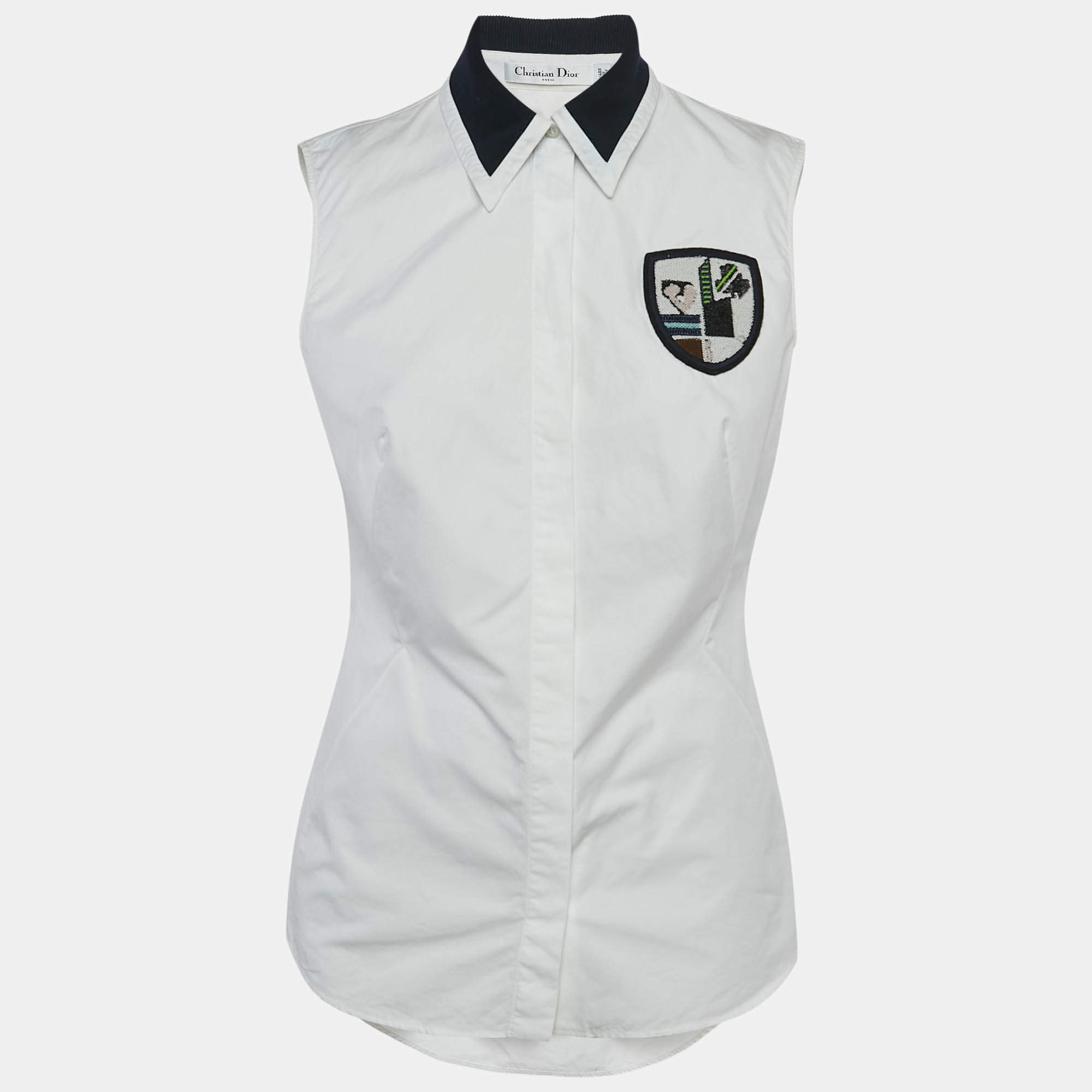 Pre Owned Dior White Cotton Poplin Badge Detail Sleeveless Shirt L