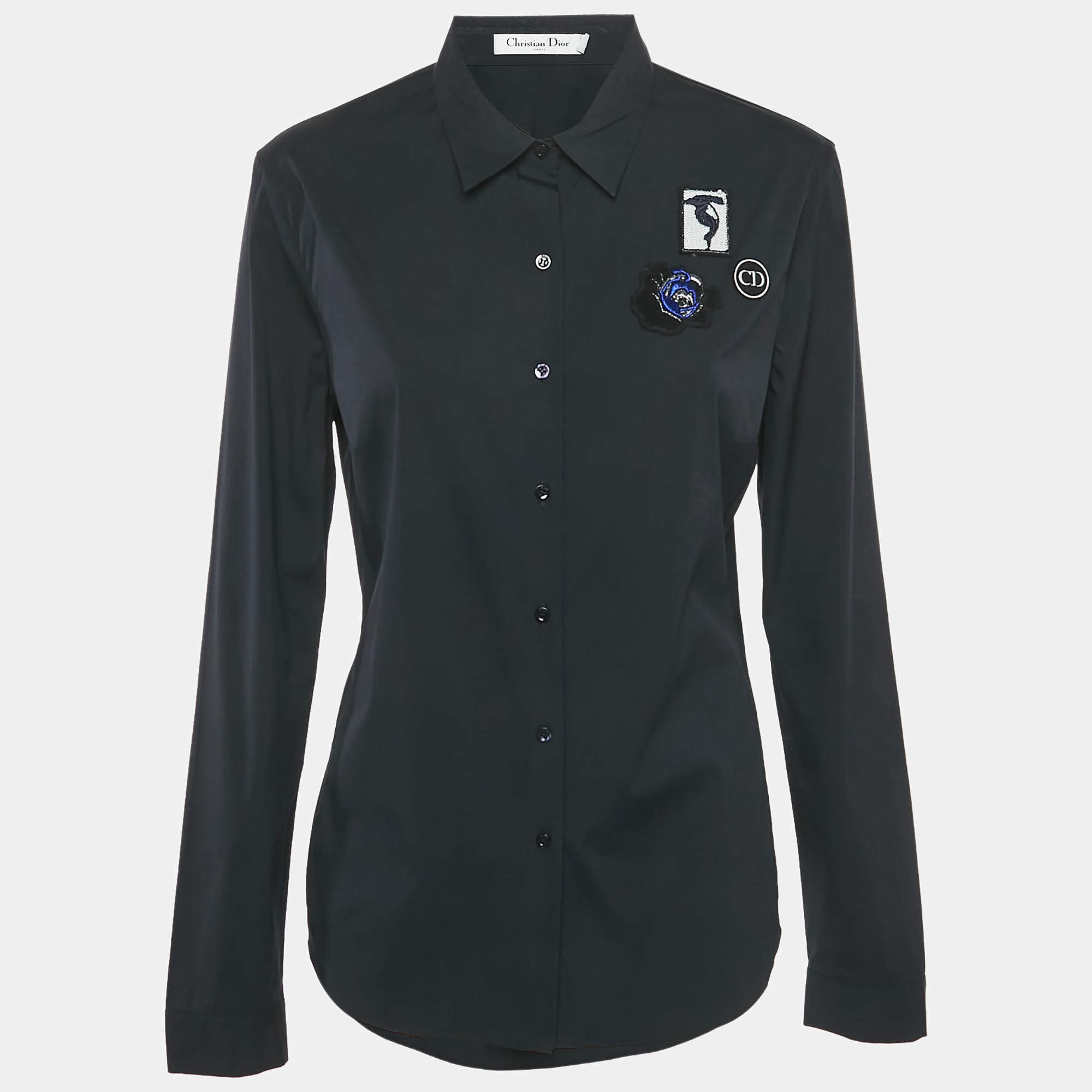 Pre Owned Dior Black Cotton Applique Detail Button Front Shirt L
