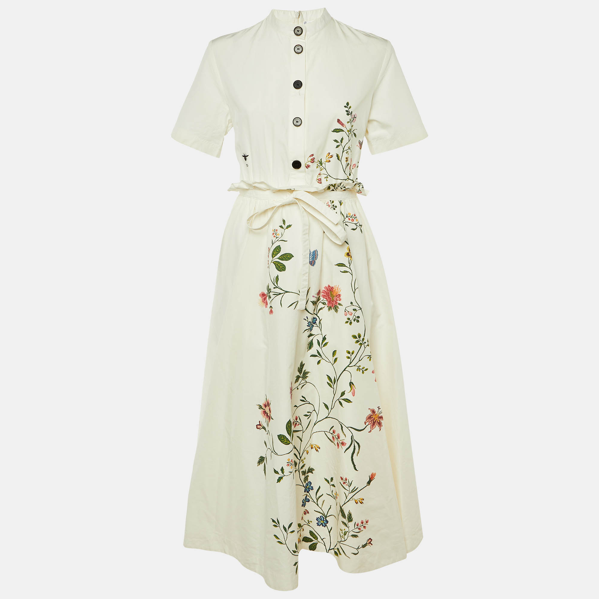 Pre Owned Dior Ivory Floral Print Cotton & Silk Midi Dress M