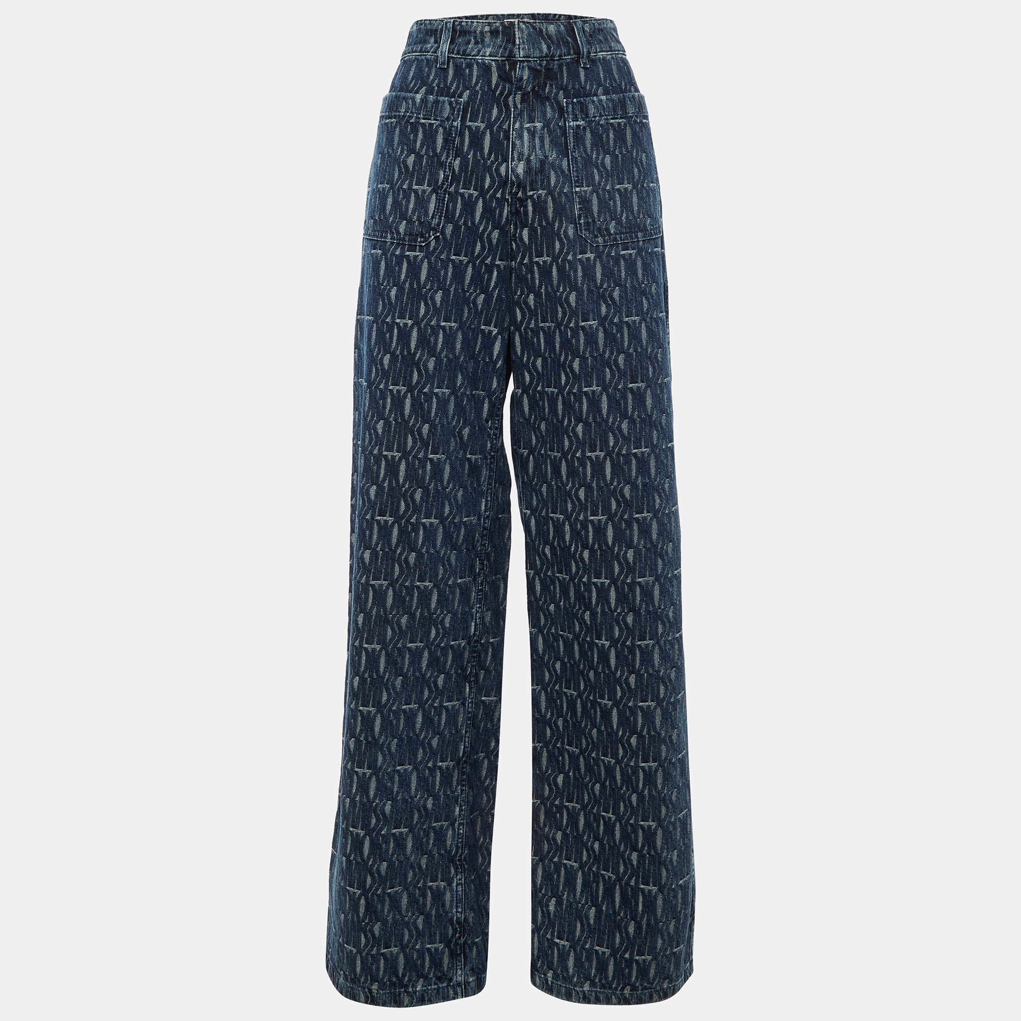 Pre Owned Dior Blue Logo Jacquard Denim Wide Leg Jeans M/Waist 30"