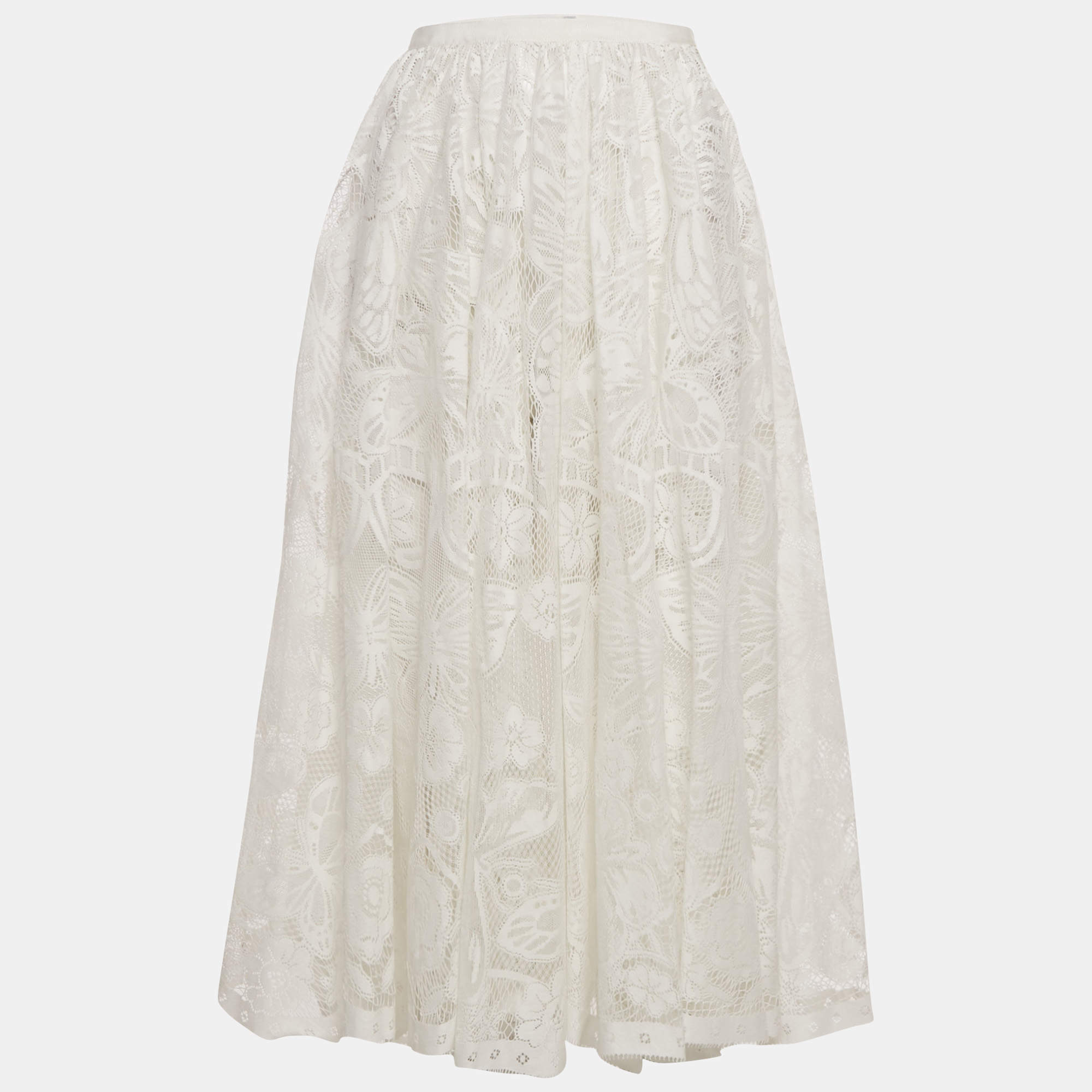 مملوكة مسبقًا تنورة ميدي دانتيل أبيض ديور مقاس صغير