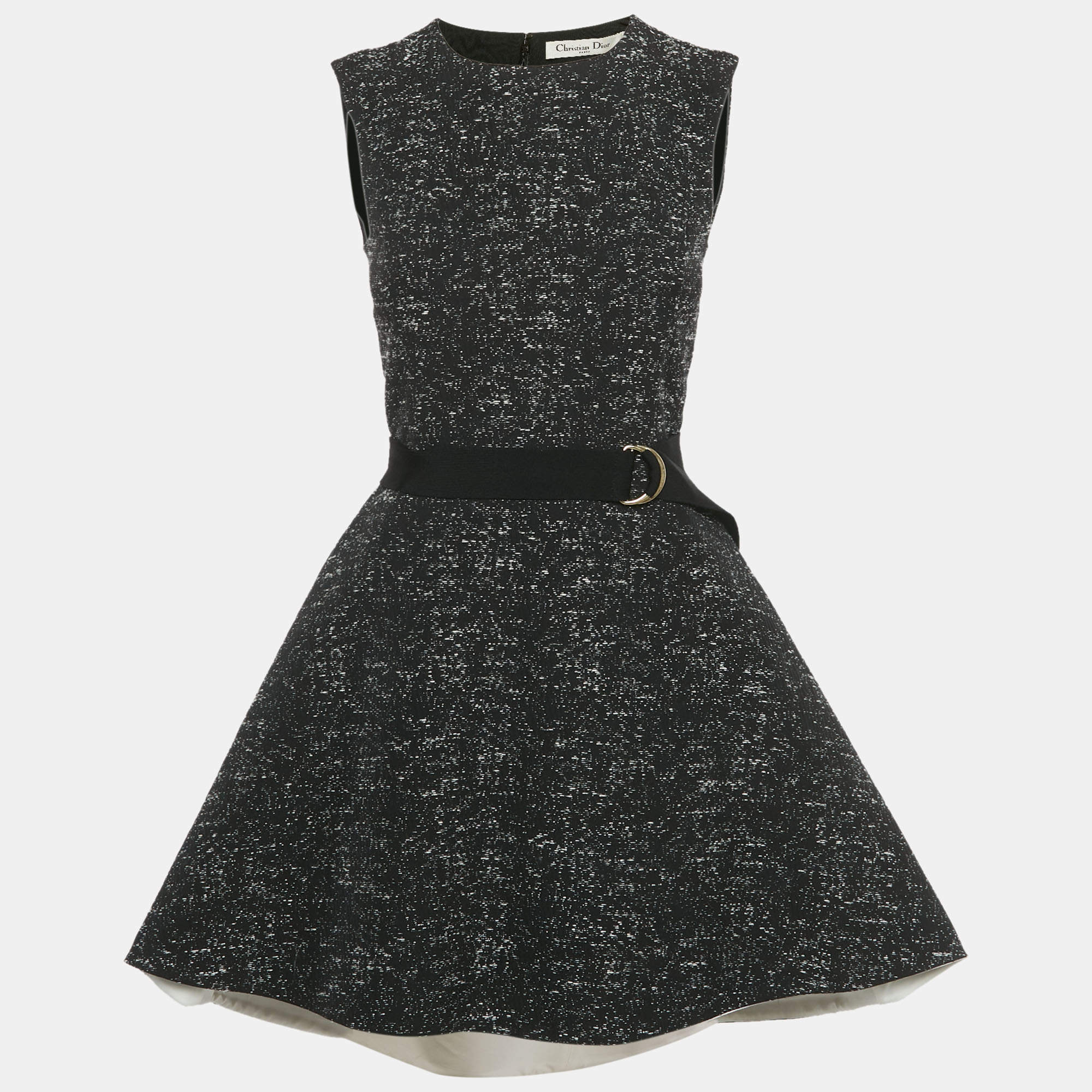 Pre Owned Christian Dior Black Woven Cotton Blend Asymmetric Flared Mini Dress S  