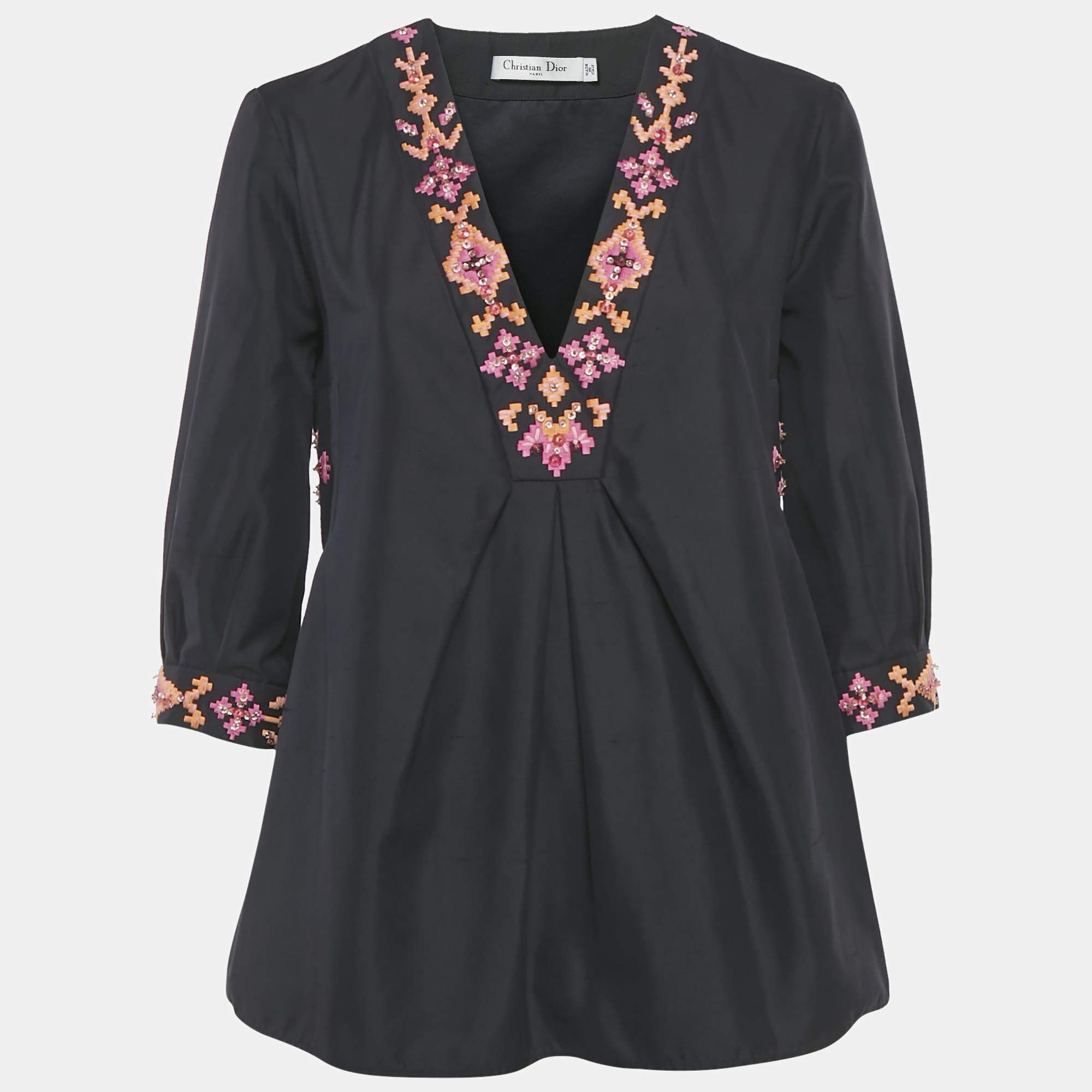 مملوكة مسبقًا Christian Dior Navy Blue Embellished Cotton Silk Blouse M
