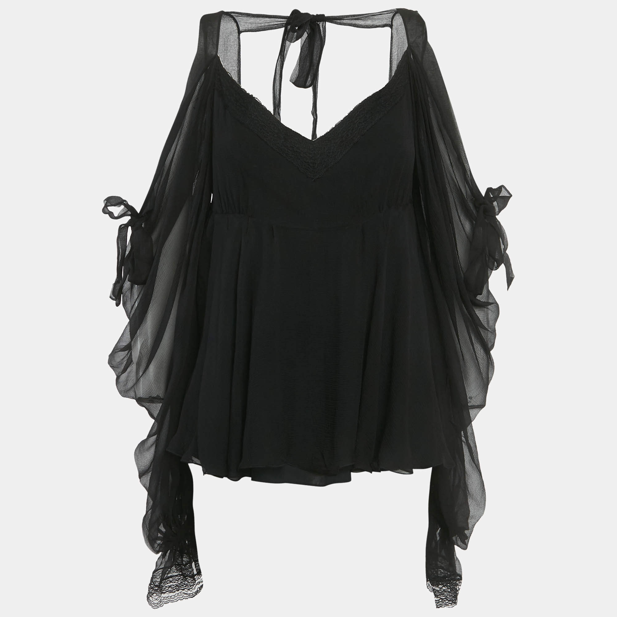 Pre Owned بلوزة كريستيان ديور حرير أسود بزخارف من الدانتيل وربطة عنق مقاس ميديام