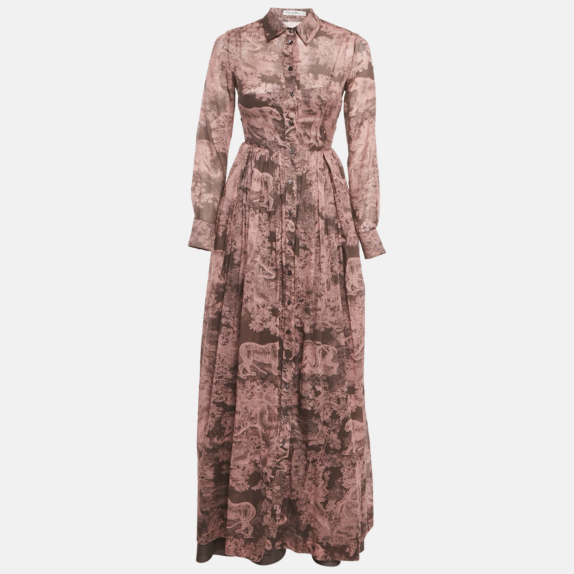 مملوكة مسبقًا فستان كريستيان ديور قطن بنقشة الغابة الوردية ديوريفييرا تويلي دي جوى ماكسي قميص مقاس صغير