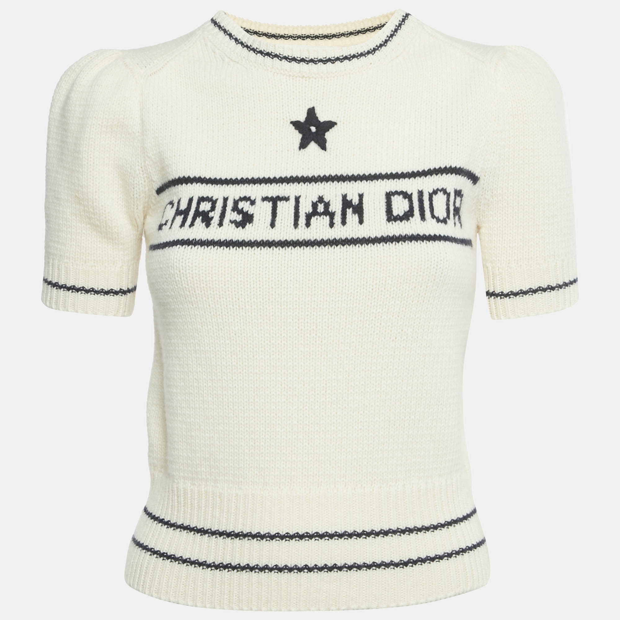 Pre Owned Christian Dior Cream Logo Intarsia Virgin Wool Short Sleeve Top S