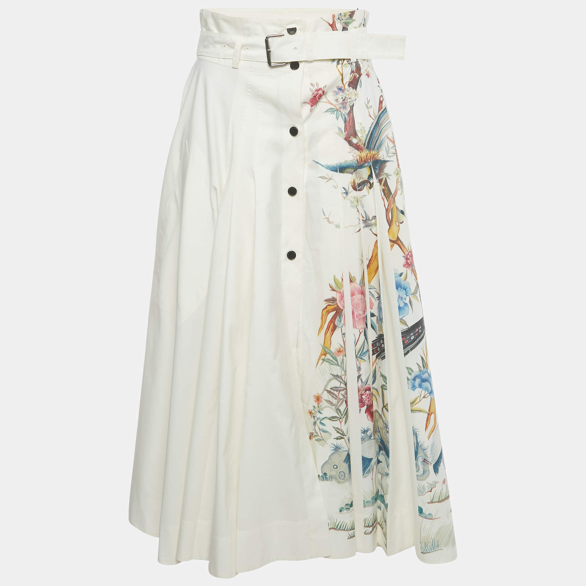 Pre Owned Christian Dior White Printed Cotton & Silk Pleated Midi Skirt M