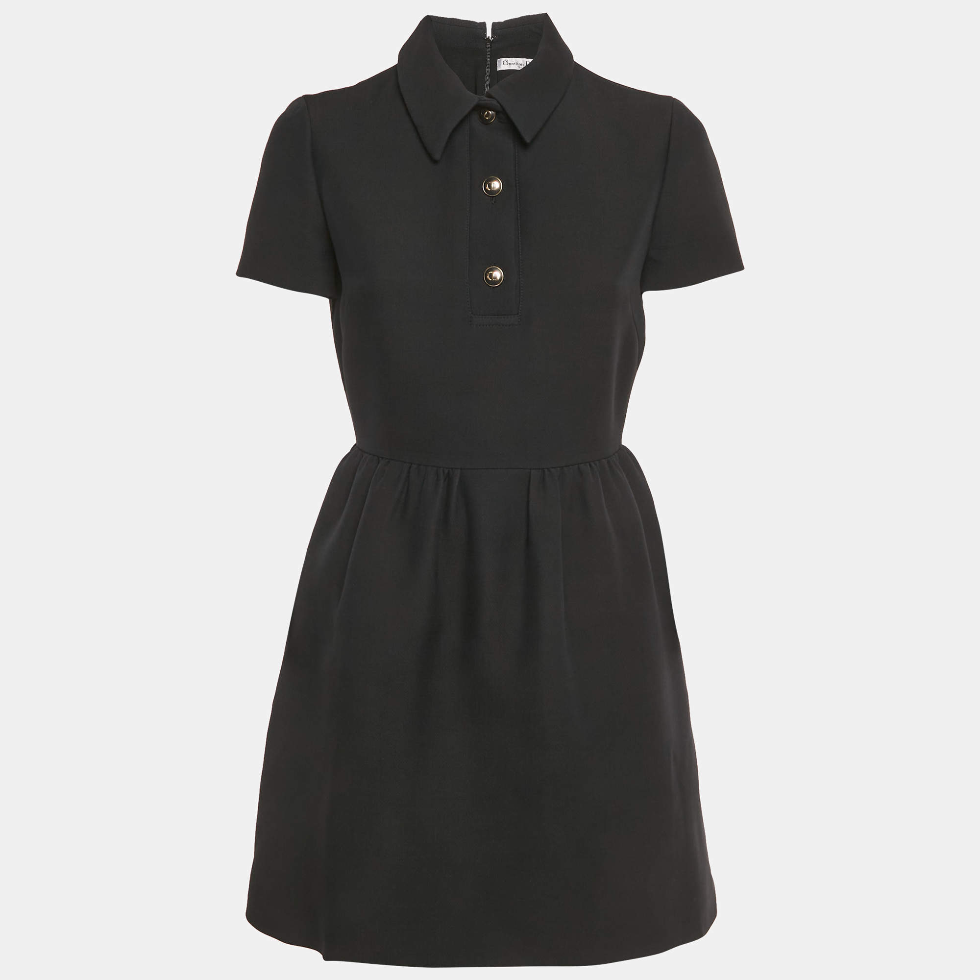 Pre Owned Christian Dior Black Wool Gathered Mini Dress M