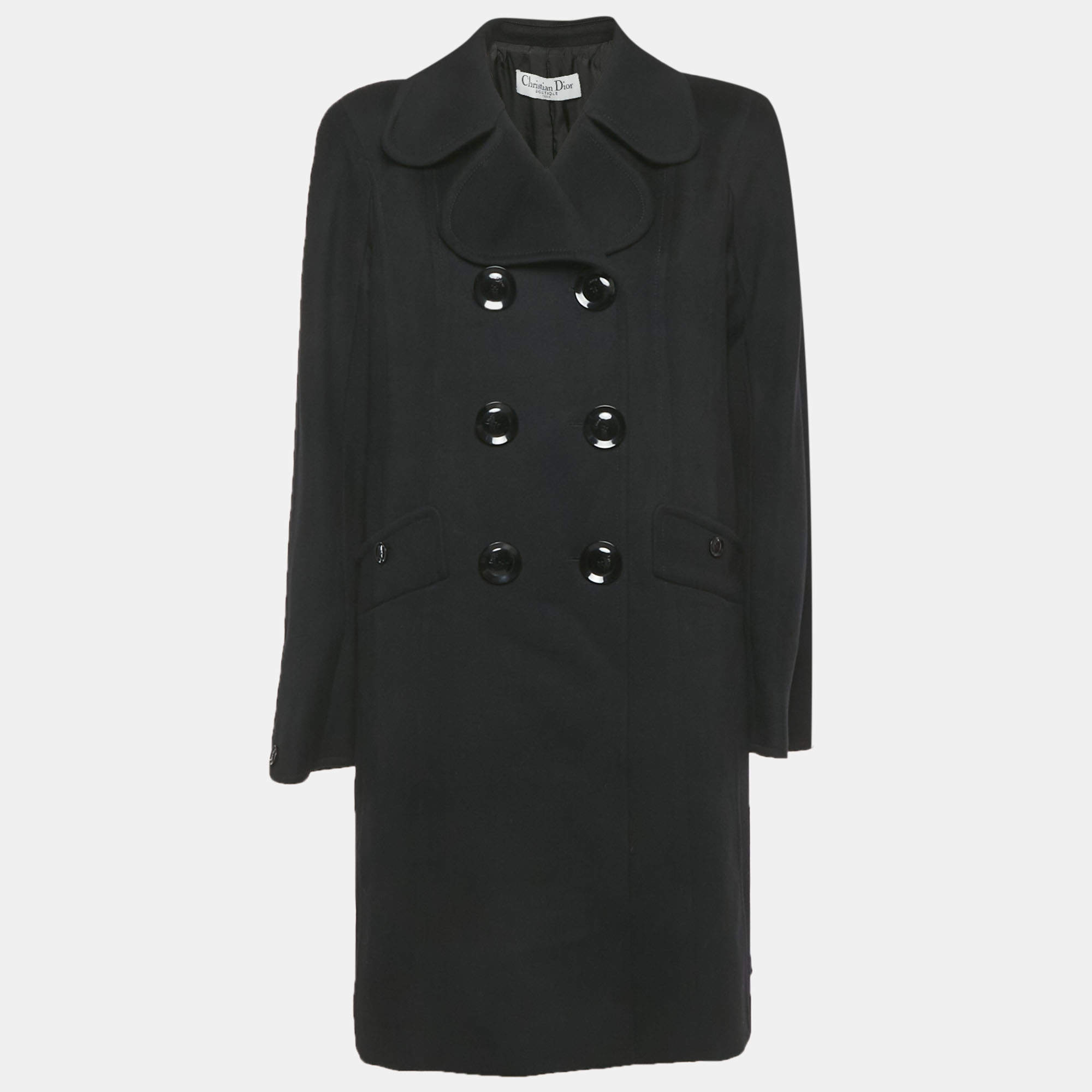 Pre Owned Christian Dior Black Wool Blend Double Breasted Mid Length Coat L