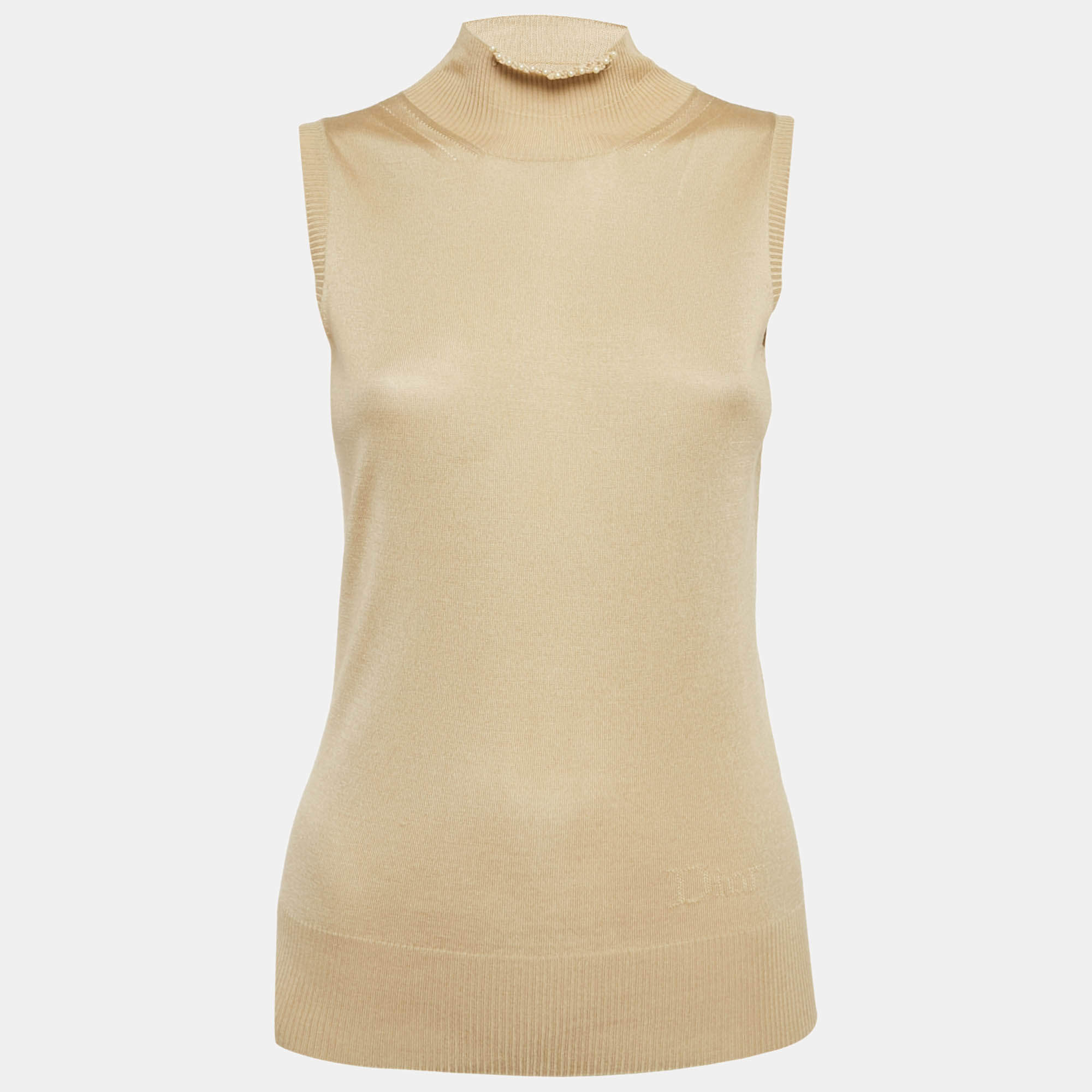 Pre Owned Christian Dior Boutique Beige Beaded Detail Silk Knit Top M
