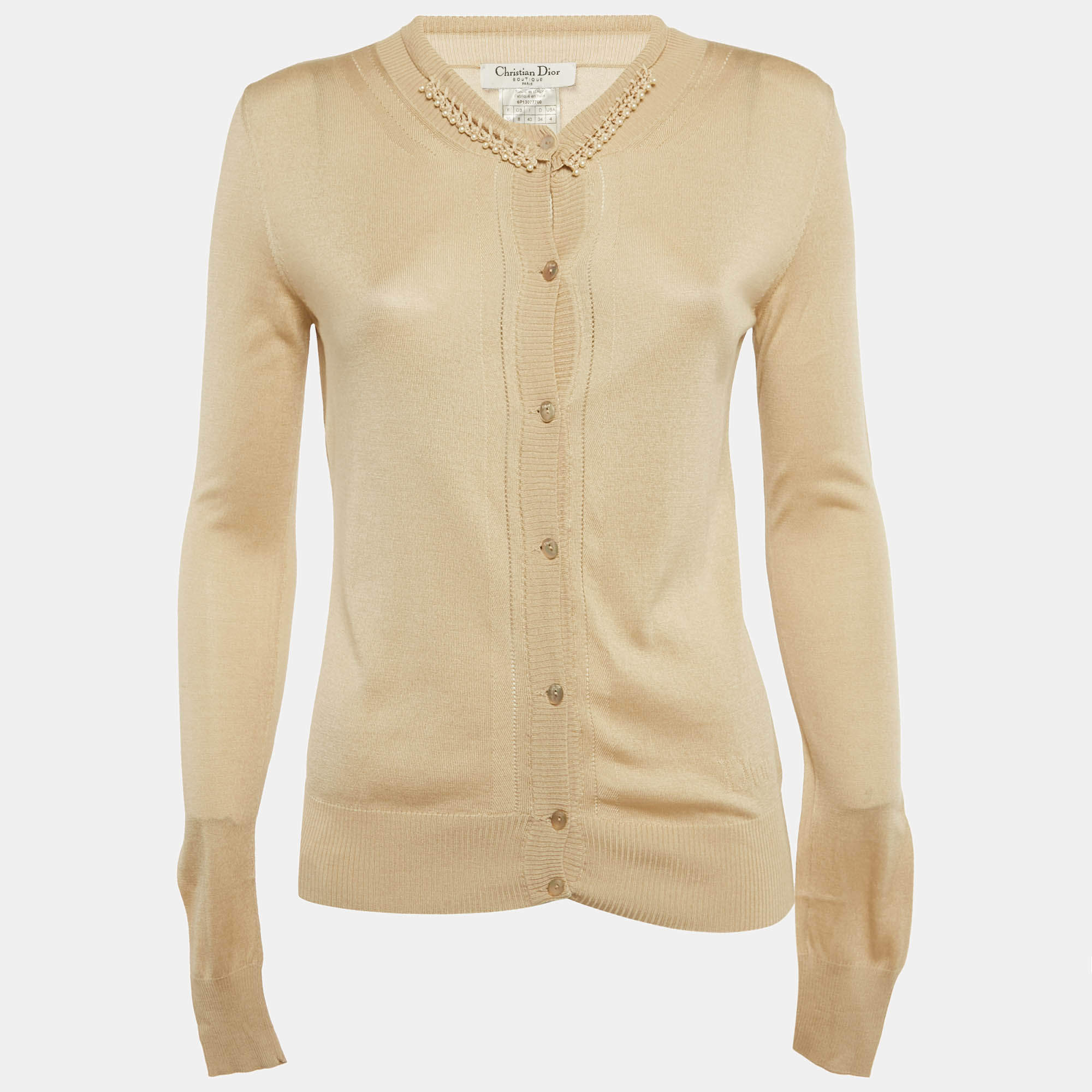 Pre Owned Christian Dior Boutique Beige Beaded Detail Silk Knit Cardigan S
