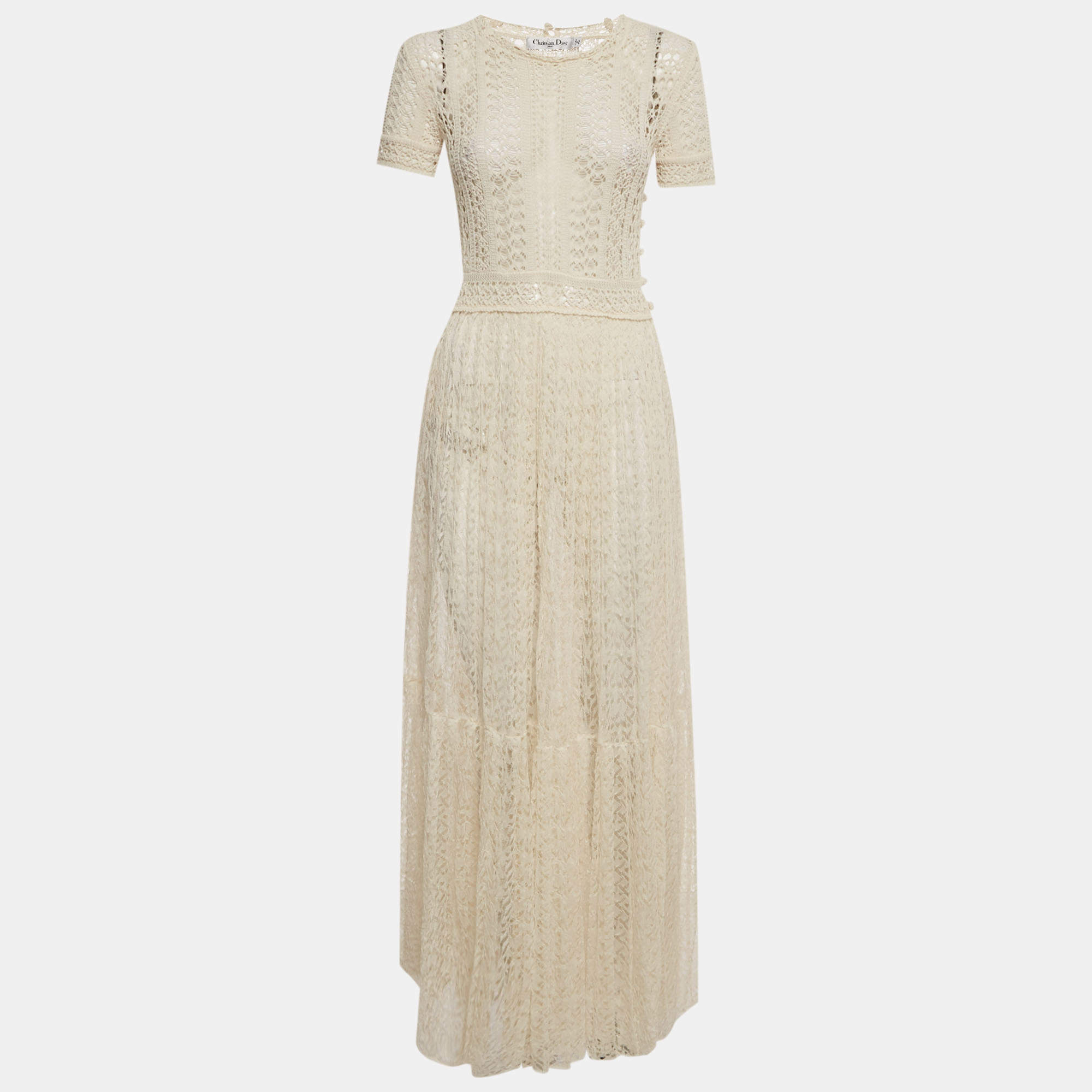 Pre Owned Christian Dior Cream Crochet and Lace Sheer Long Dress S