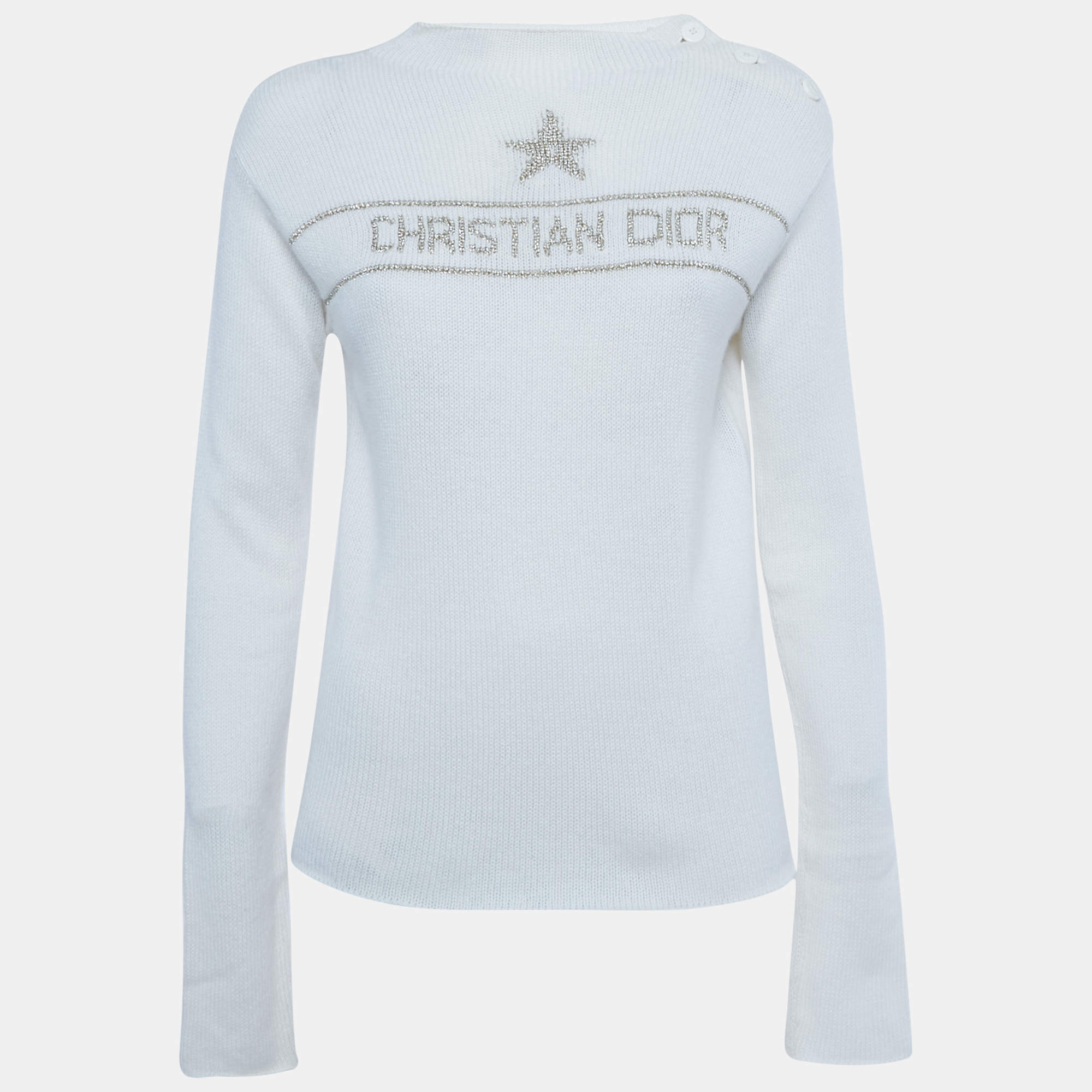 Pre Owned Dior Ivory Lurex Logo Intarsia Knit Sweater S