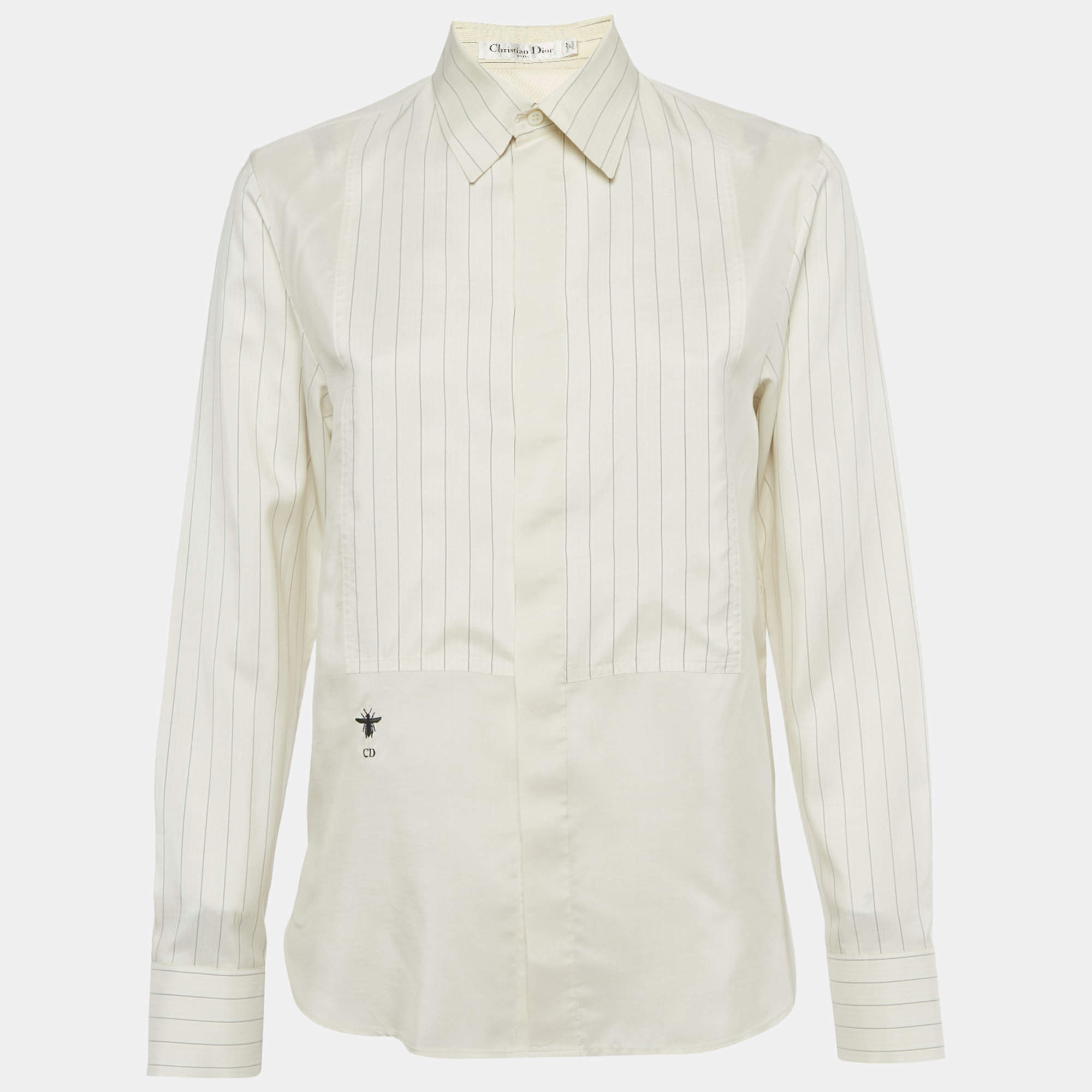 Pre Owned Dior Cream Striped CD Bee Embroidered Silk Shirt S