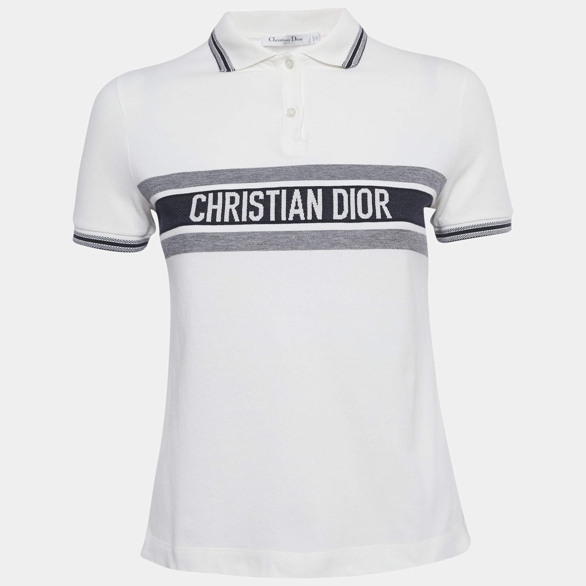 Pre Owned Christian Dior White/Blue Striped Logo Cotton Polo T-Shirt XS