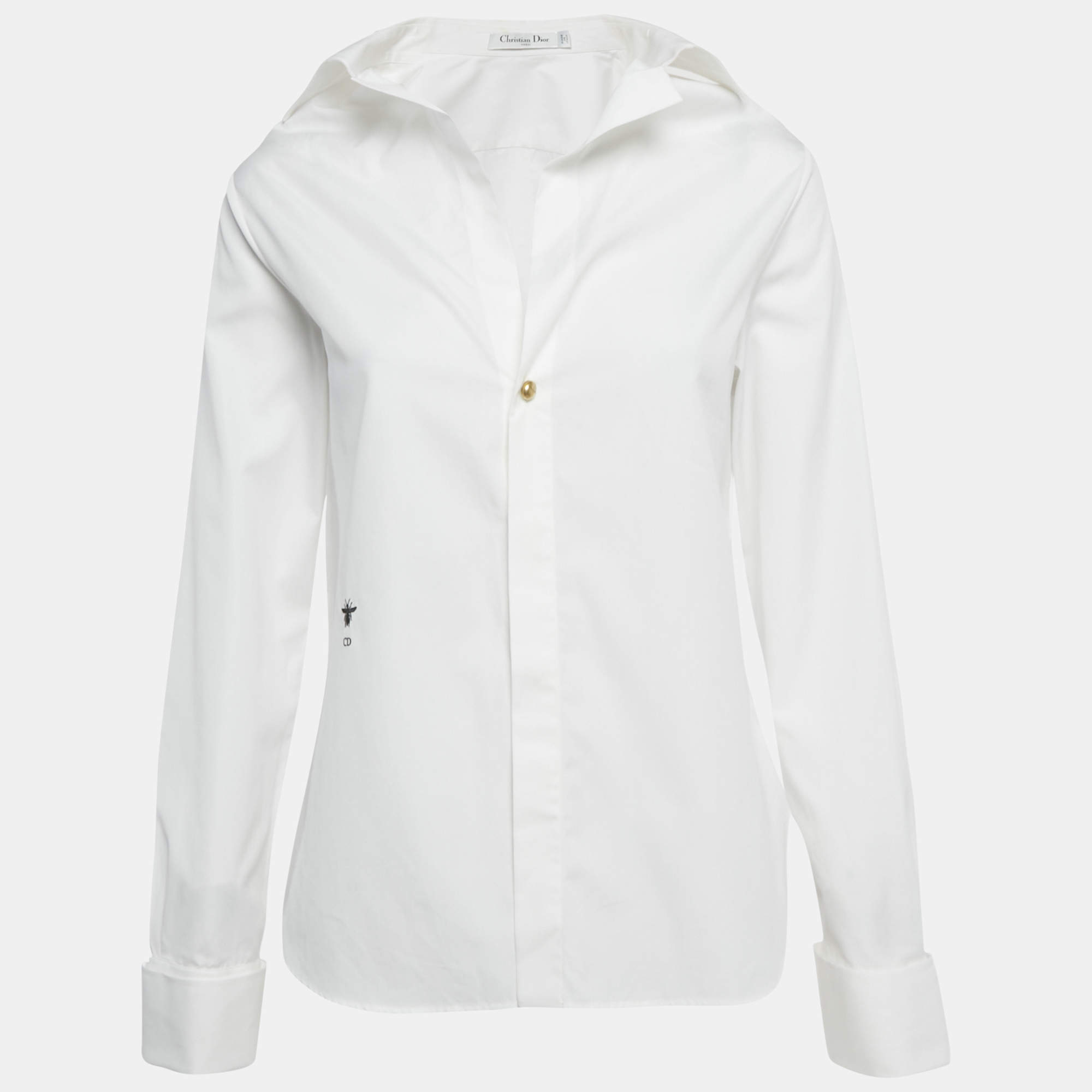 Pre Owned قميص كريستيان ديور قطن أبيض بتفاصيل أزرار أكمام مقاس متوسط