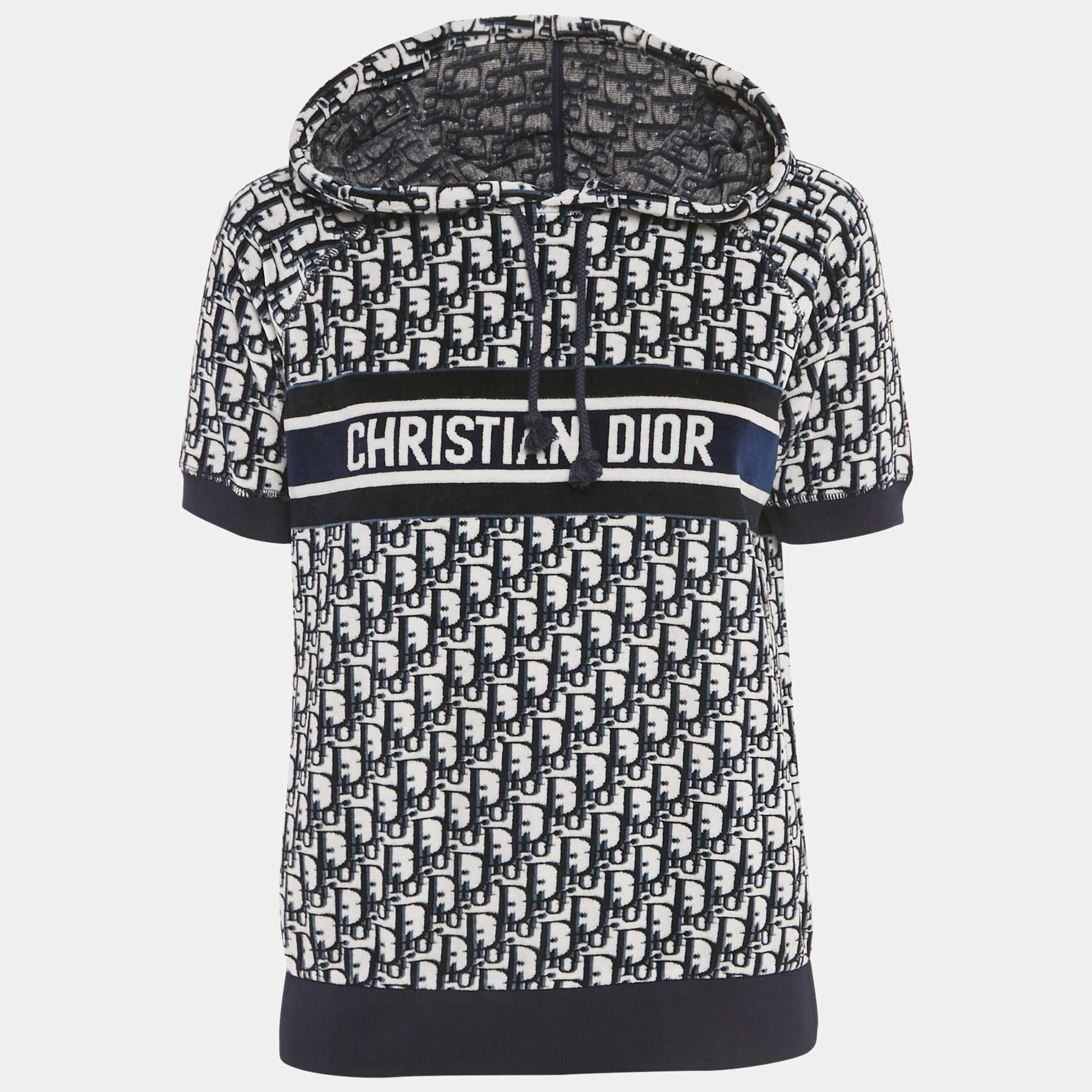 Pre Owned بلوفر كريستيان ديور أزرق/أبيض بفيلفت بغطاء رأس بأكمام قصيرة مقاس صغير