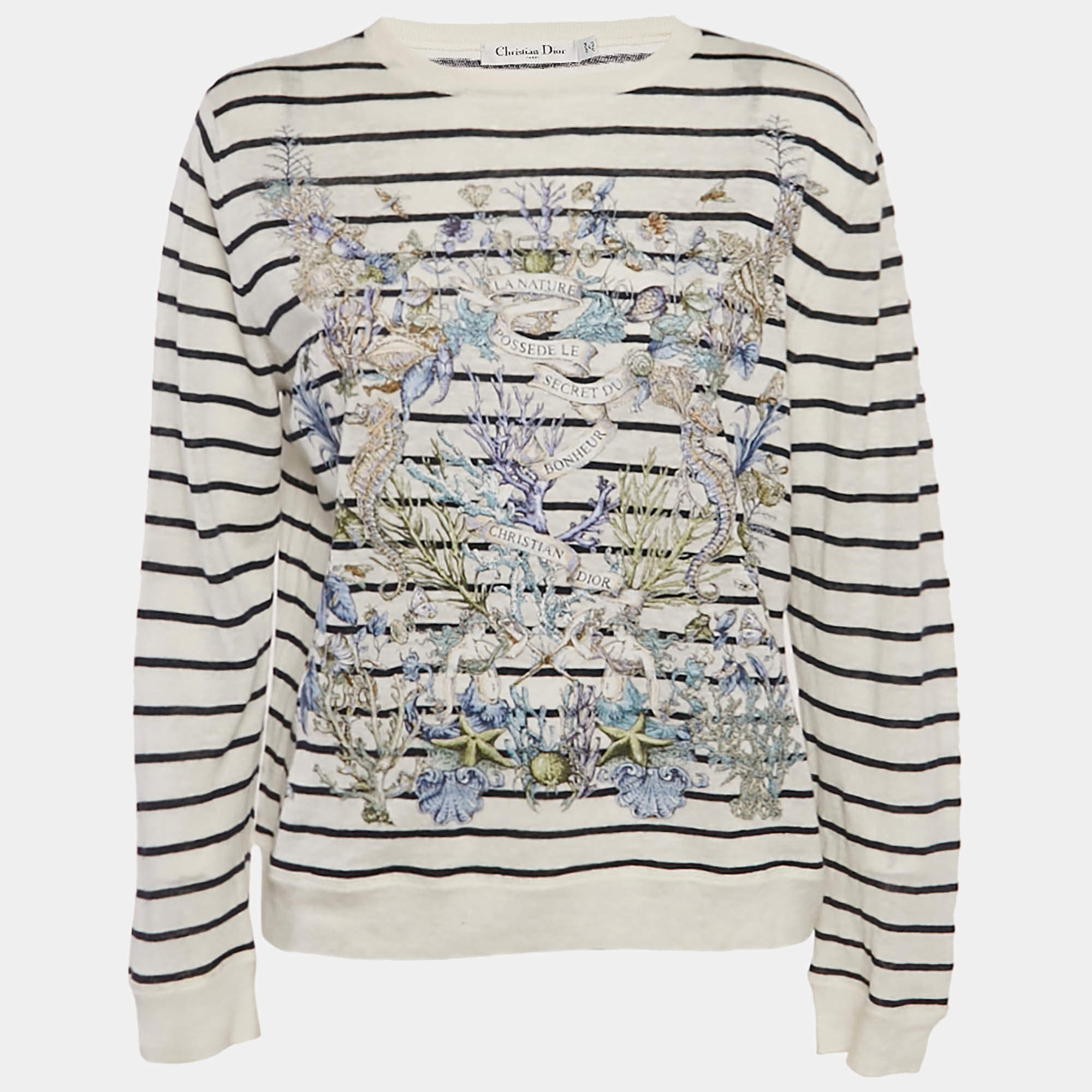 Pre Owned Christian Dior White Striped Linen & Cashmere Knit Sweater M