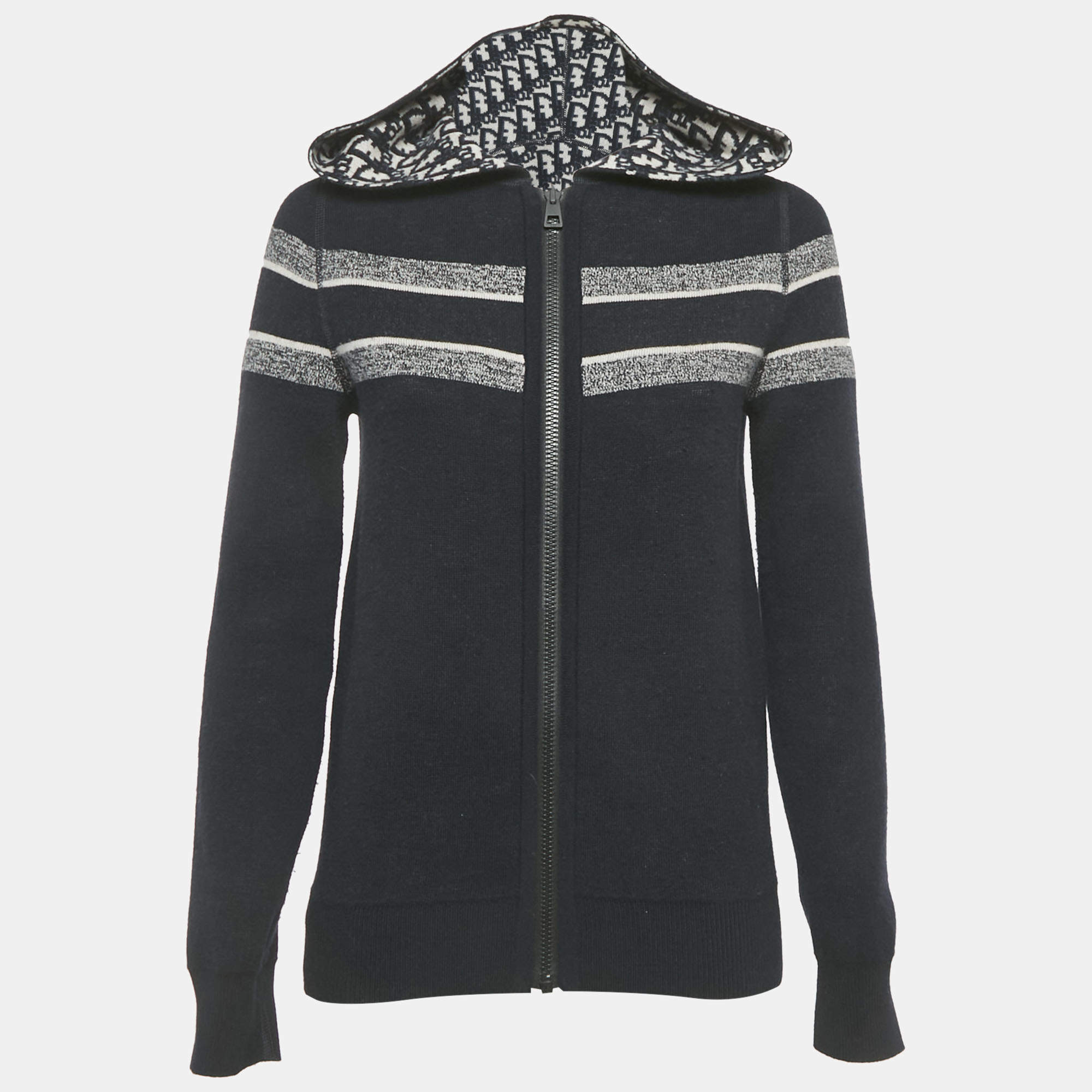 Pre Owned Christion Dior Navy Blue Wool Knit Oblique Reversible Zipped Cardigan S