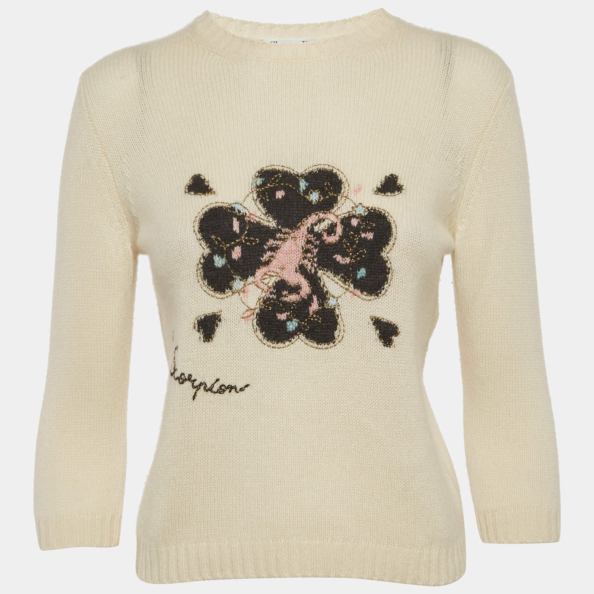 Pre Owned Christian Dior Cream Cashmere Clover Sweater S